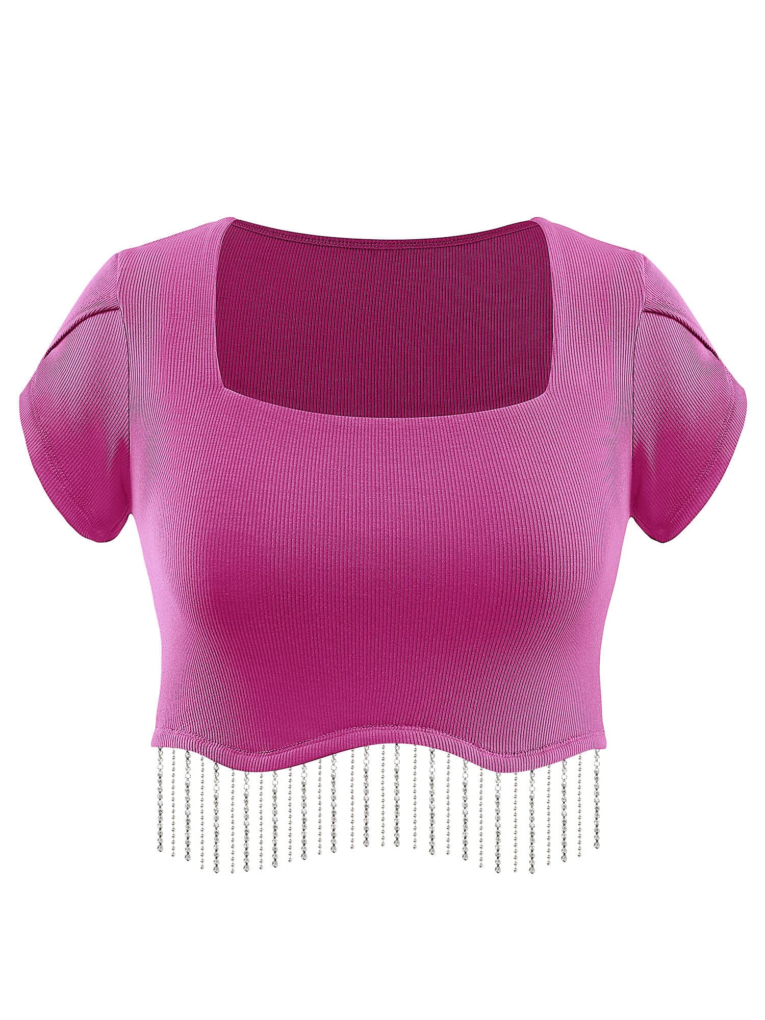 WLLW Women's Sparkly Rhinestone Fringe Crop Top - Square Neck Glitter Tassel Blouse for Nashville Night Out, Party, and Festival Outfits
