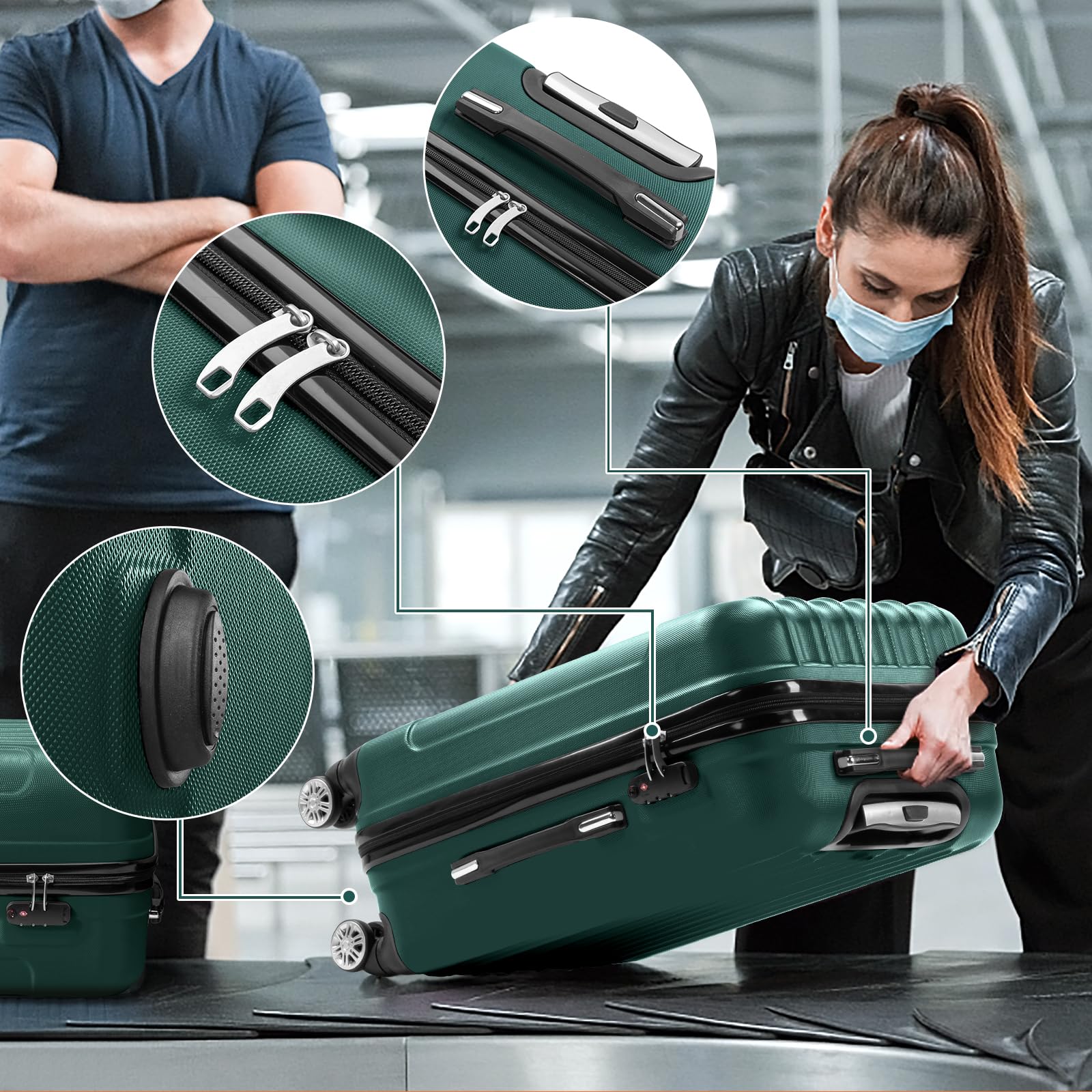 3 Piece Lightweight ABS Hardside Luggage Set with 4 Spinner Wheels & TSA Locks - 20/24/28 Inch Carry On Suitcases for Family Travel, Business Trips (Dark Green) | Perfect for Air Travel, Road Trips & Vacation Packing