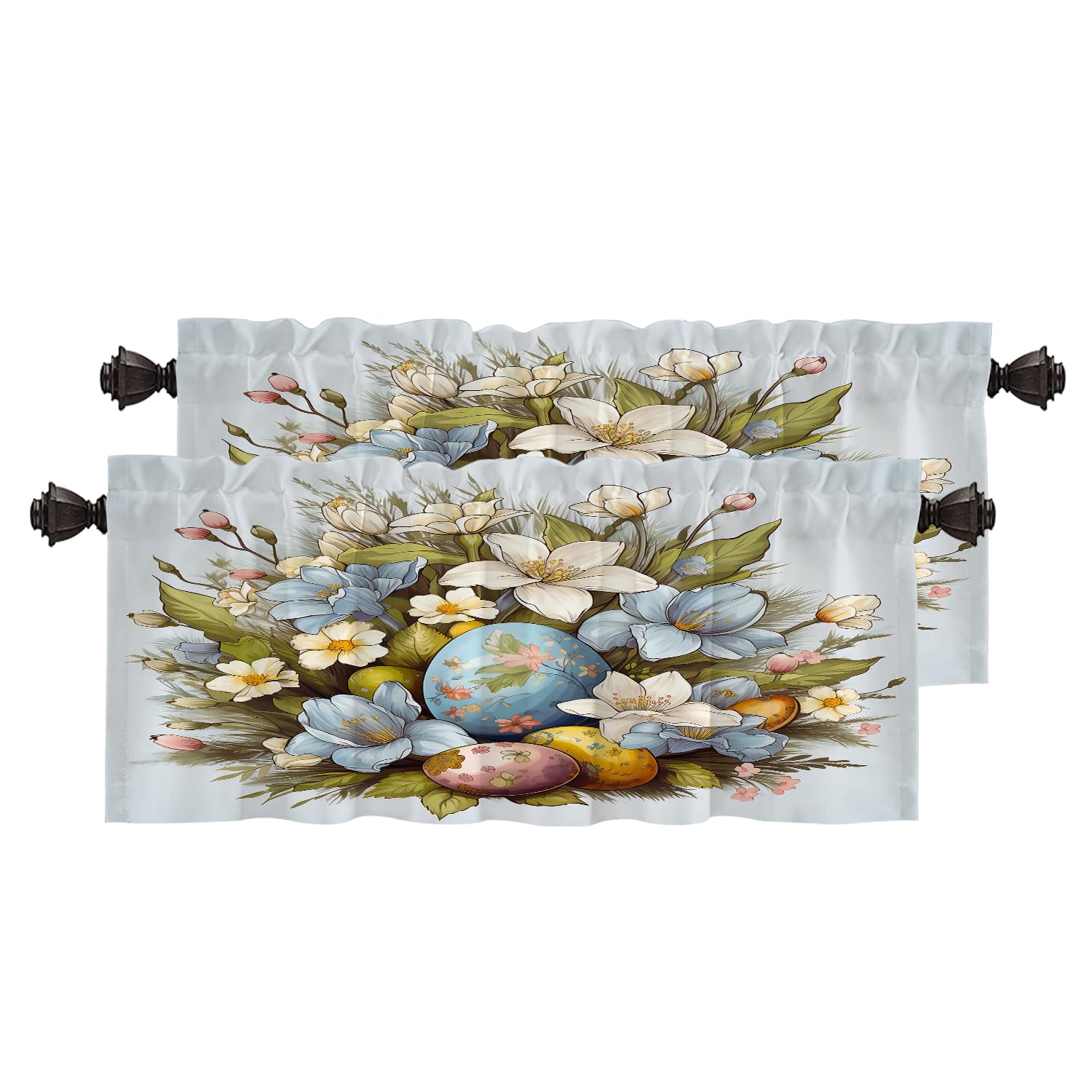 Floral & Egg Print Kitchen Valances - 2 Pack Blackout Window Curtains 52x18 Inches, Multi-Layer Polyester Drapes for Kitchen & Bedroom - Perfect for Farmhouse Decor & Sun Protection