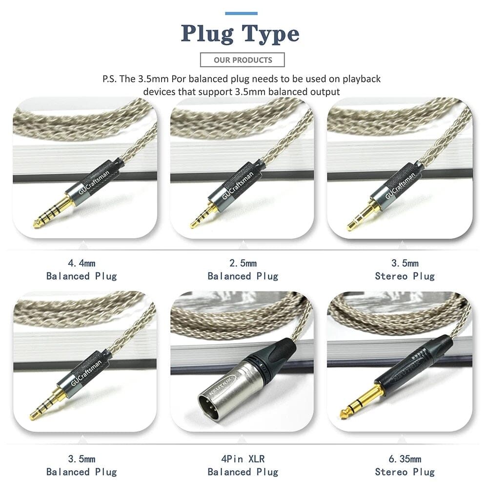 Premium GUCraftsman 6N Single Crystal Silver Upgrade Cable for Beyerdynamic T1/T5 2nd Gen, Amiron, Focal Elear/Elegia, Denon AH-D9200 Headphones - Audiophile-Grade Sound Enhancement for Home Studio & Critical Listening