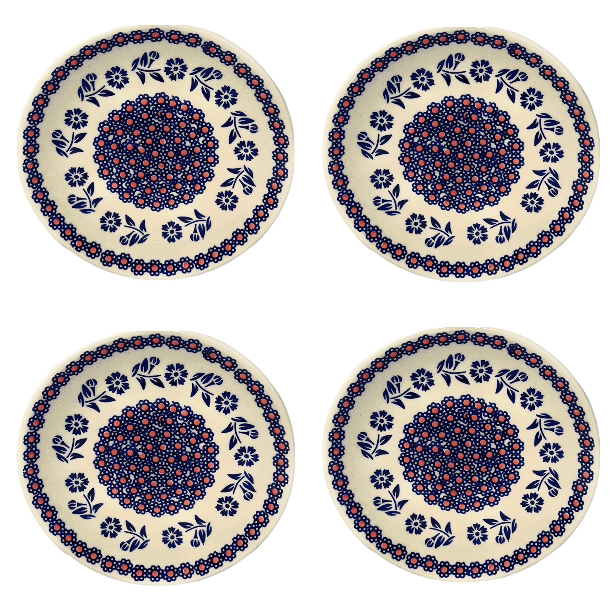 Handmade Polish Pottery Blue & Orange Floral Salad Plates Set of 4 - Perfect for Dinner Parties, Weddings & Home Decor
