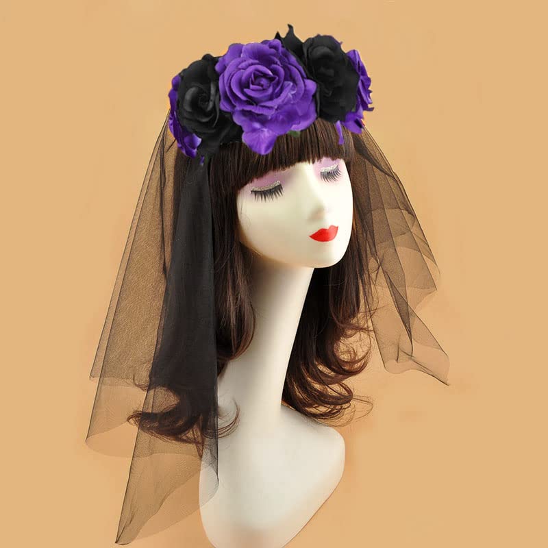 Day of The Dead Veil Headbands - Black Halloween Rose Flower Headpiece for Costume & Party Accessories | Perfect for Dia de los Muertos, Halloween, Cosplay, and Themed Events