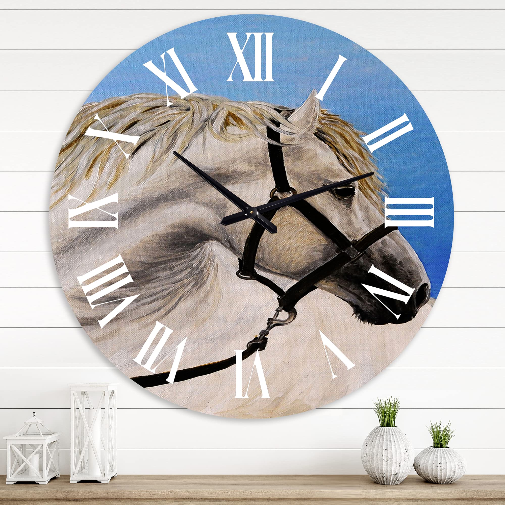 Farmhouse Wall Clock - Large White Horse Portrait in The Furrow - Rustic Animal Wall Decor for Living Room, Bedroom & Office - Perfect for Home, Farmhouse & Country Style Interior Design