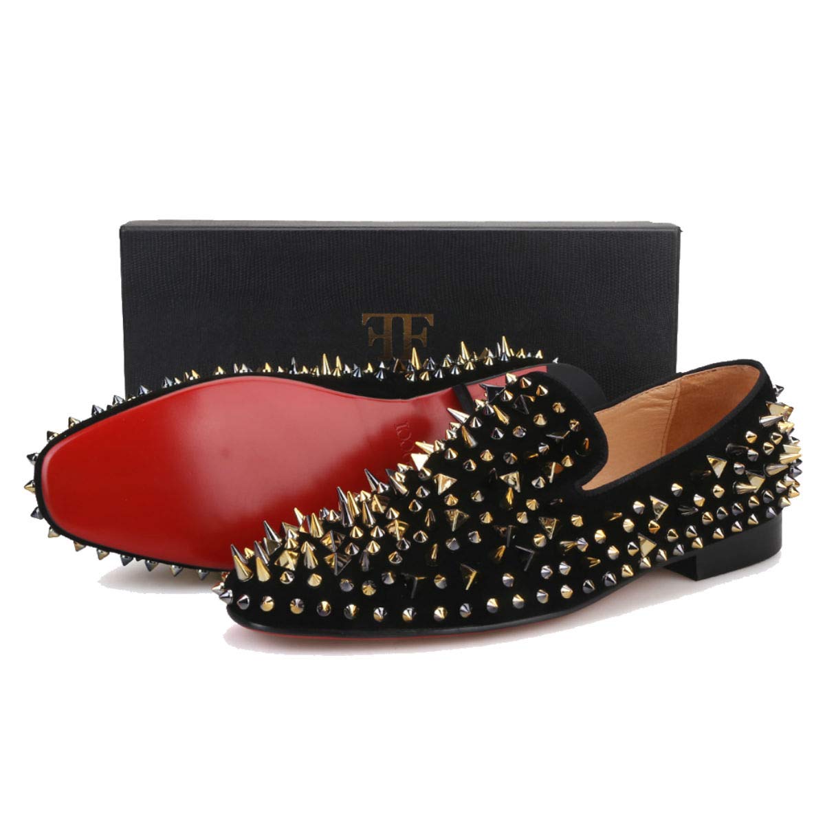 FERUCCI Men's Black Velvet Loafers with Gold Spikes - Comfortable Slip-On Slippers for Indoor/Outdoor Wear, House Shoes for Relaxing at Home or Casual Outings