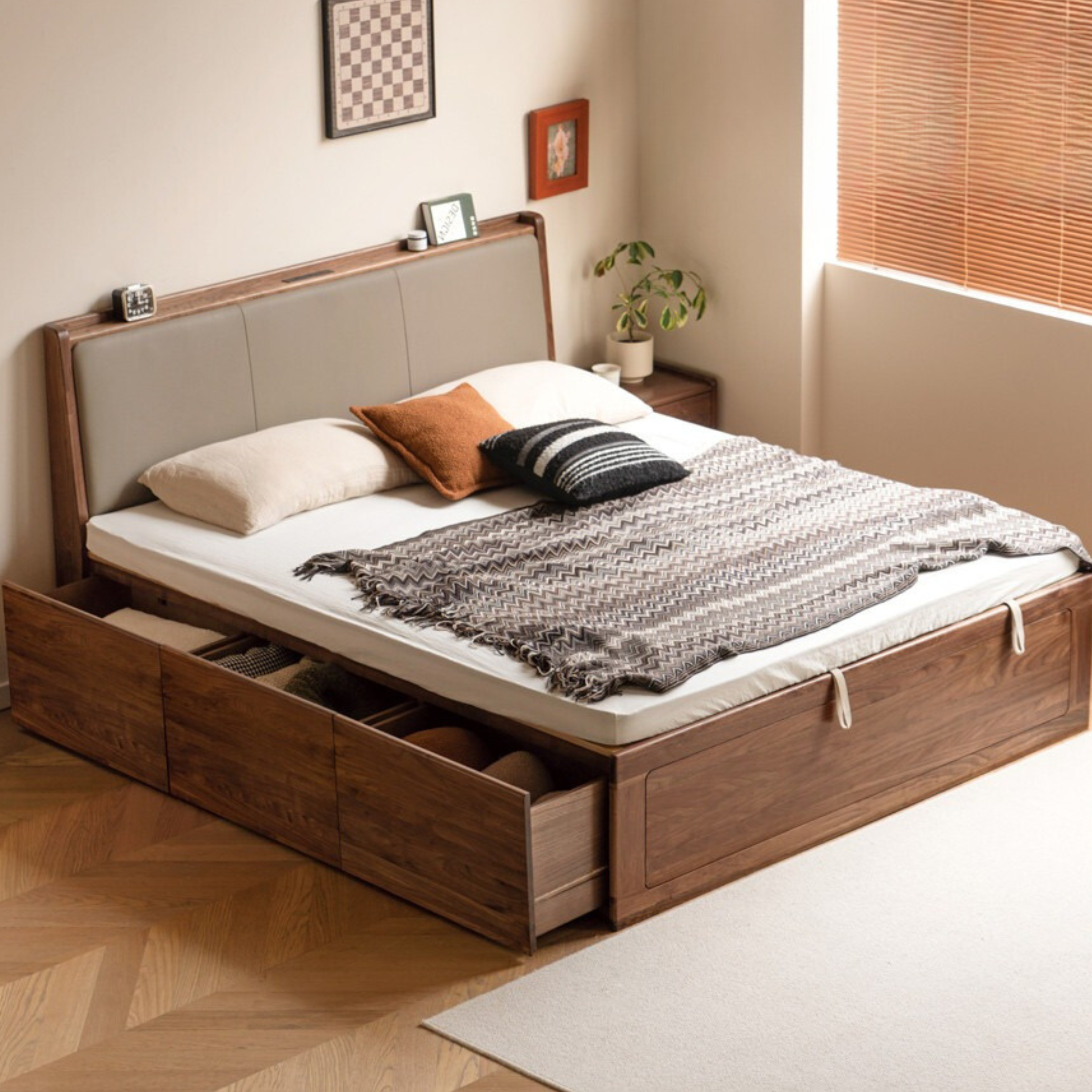 Solid Black Walnut Wood Leather-Upholstered Drawer Box Bed - Nordic Style Platform Bed with Storage for Modern Bedroom