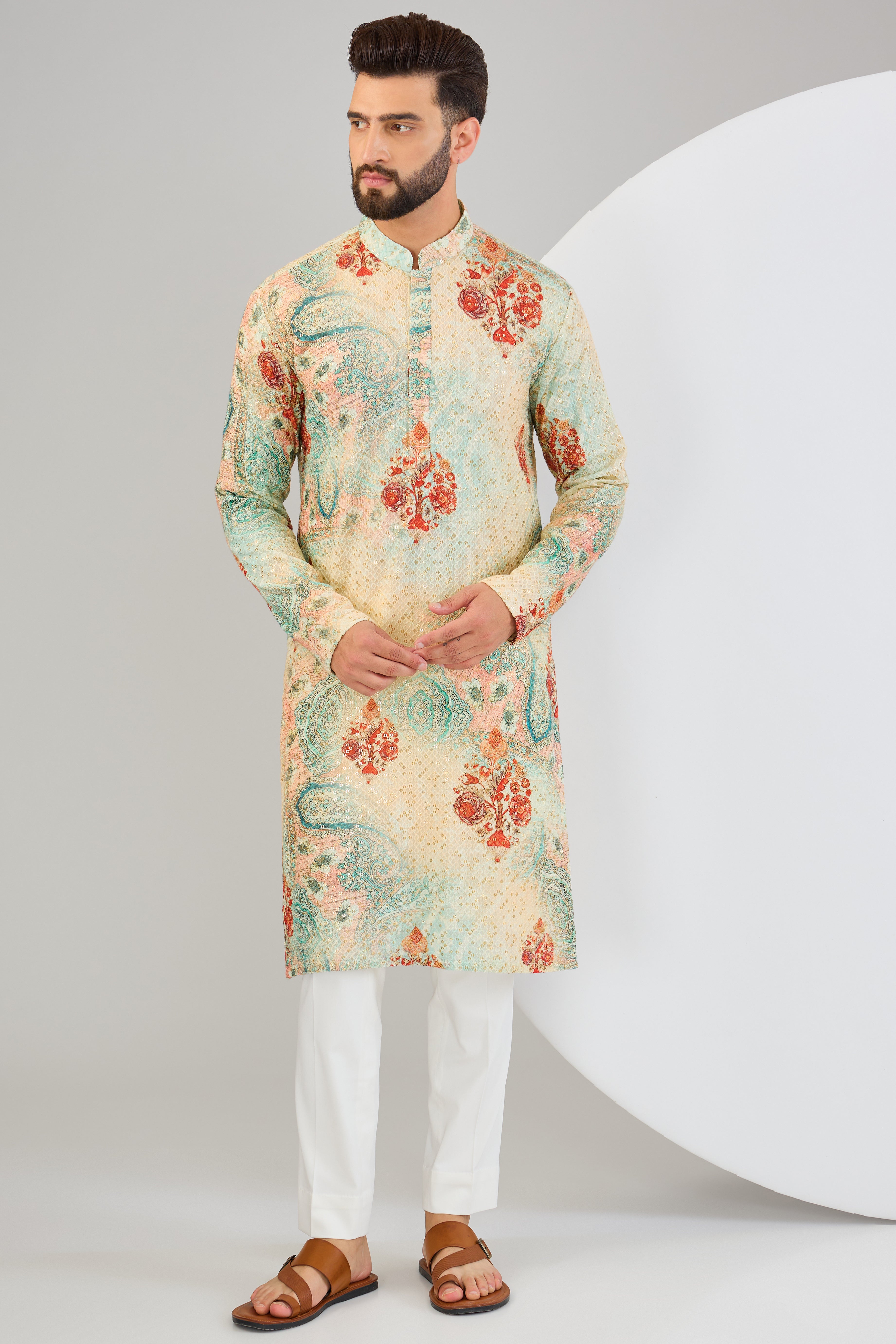 Elegant Multi-Colored Chikankari Kurta with Sequins Embroidery & Kalamkari Print - Perfect for Festivals, Weddings & Ethnic Fashion