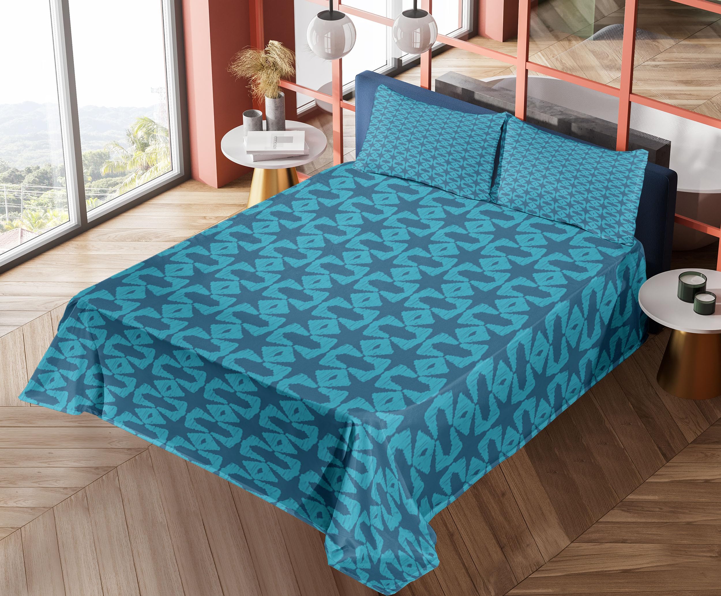 Ambesonne Abstract Mosaic Geometric King Sheet Set - 4 Piece Bedding with Fitted Sheet, Flat Sheet & Pillowcases - Dark Turquoise Sea Blue Monochrome Design | Modern Home Decor for Master Bedroom, Guest Room & Vacation Rentals