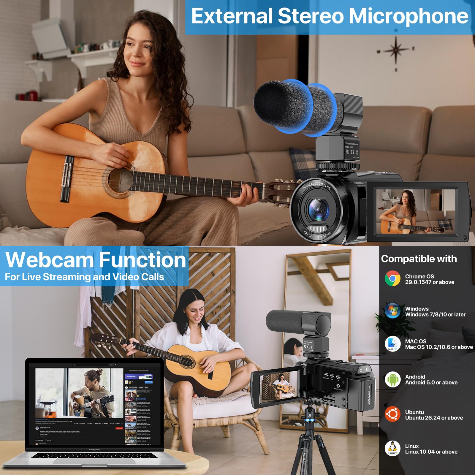 5K Video Camera Camcorder with 10X Optical Zoom | 48MP UHD 30FPS Vlogging Camera for YouTube | 270° Rotating 3