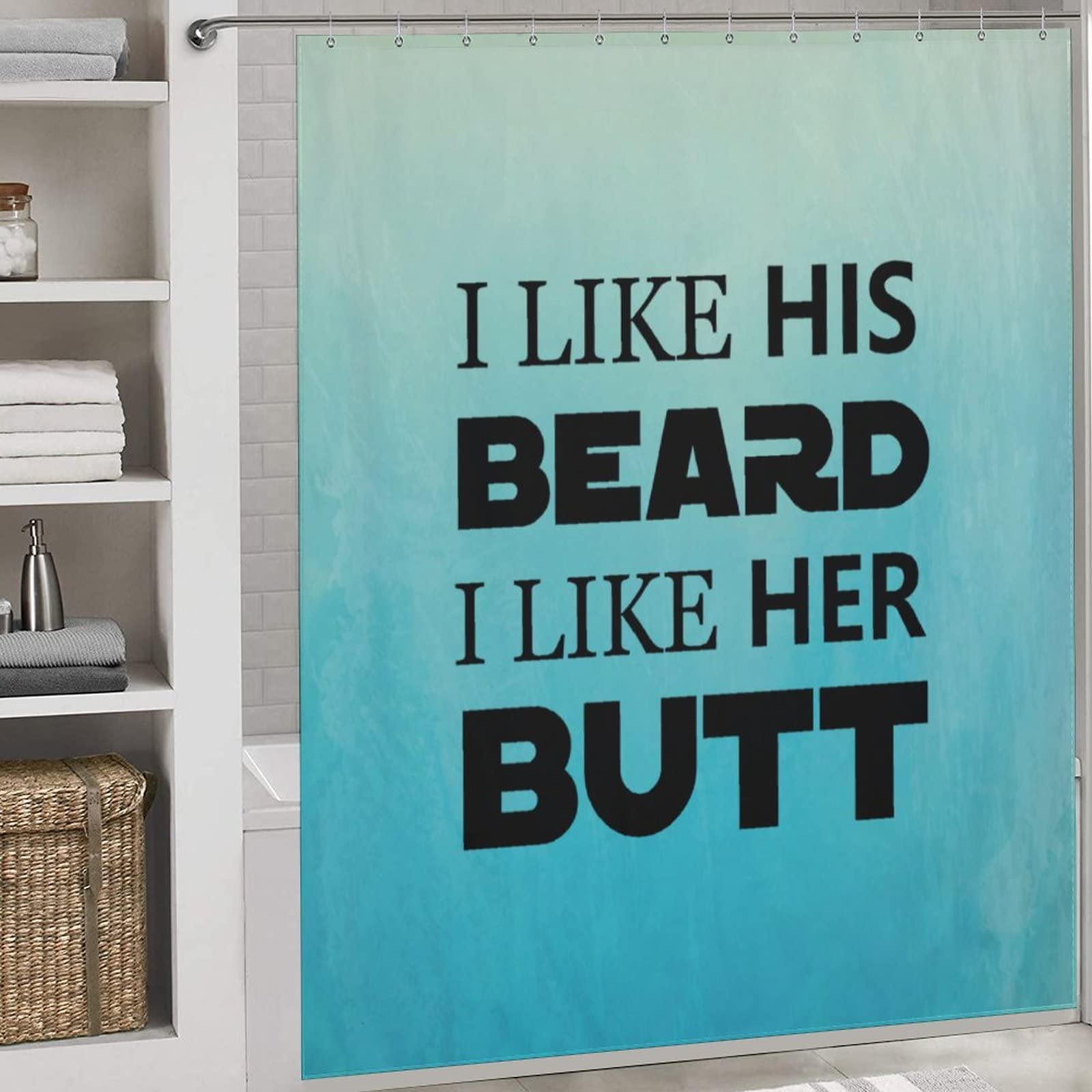 Funny Bathroom Curtain Set with Hooks - 'I Like His Beard, I Like Her Butt' Printed Shower Curtain - 72x72 Inch Waterproof Bathroom Decor for Home & Apartment - Perfect for Humorous Bathroom Decorations and Gift Ideas