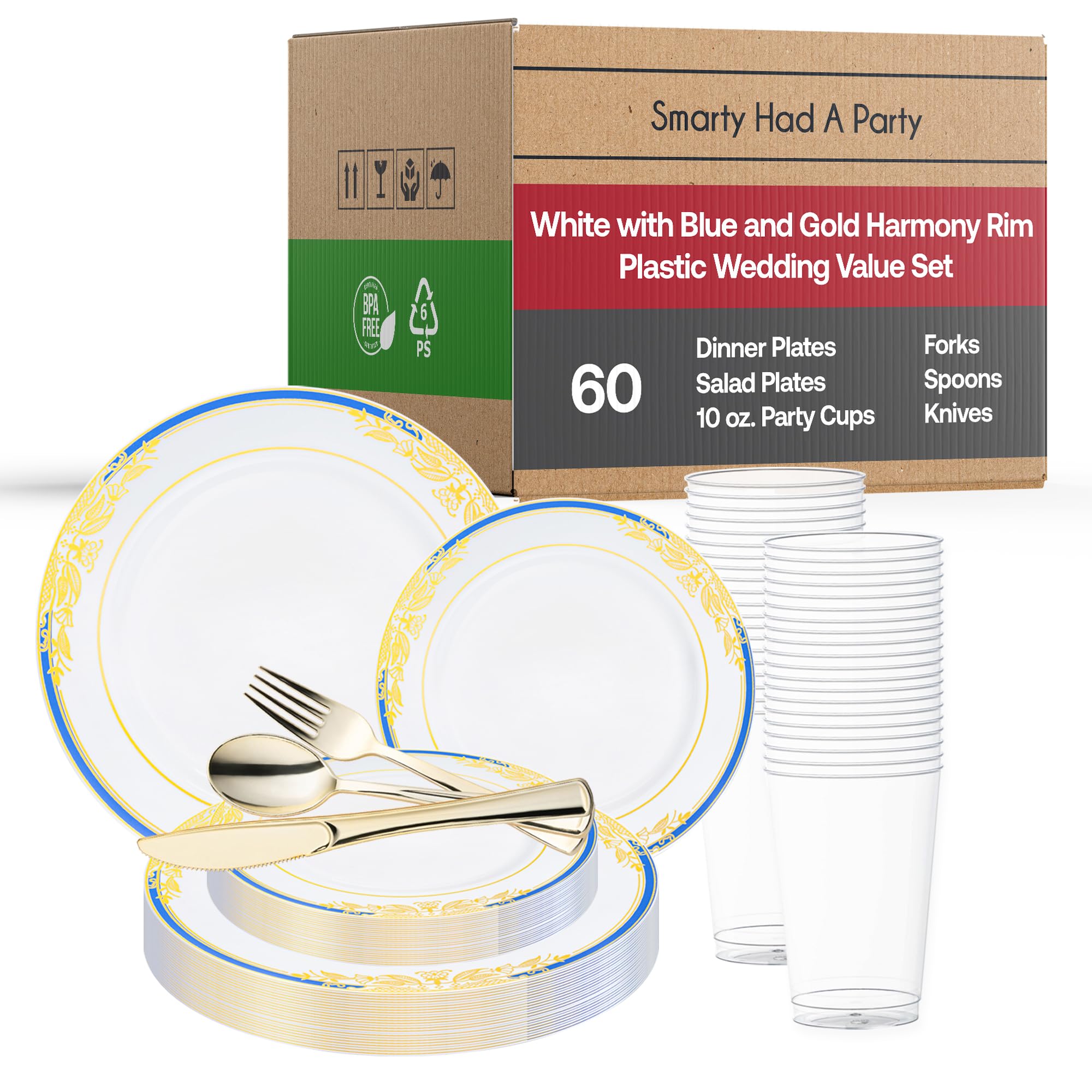 Premium Disposable Plastic Dinnerware Sets - Heavy Duty Elegant Plates, Forks, Knives & Spoons - Wedding, Birthday Party, Anniversary & Special Events - White with Blue & Gold Trim - 60-Piece Value Pack for Large Gatherings & Catering Events