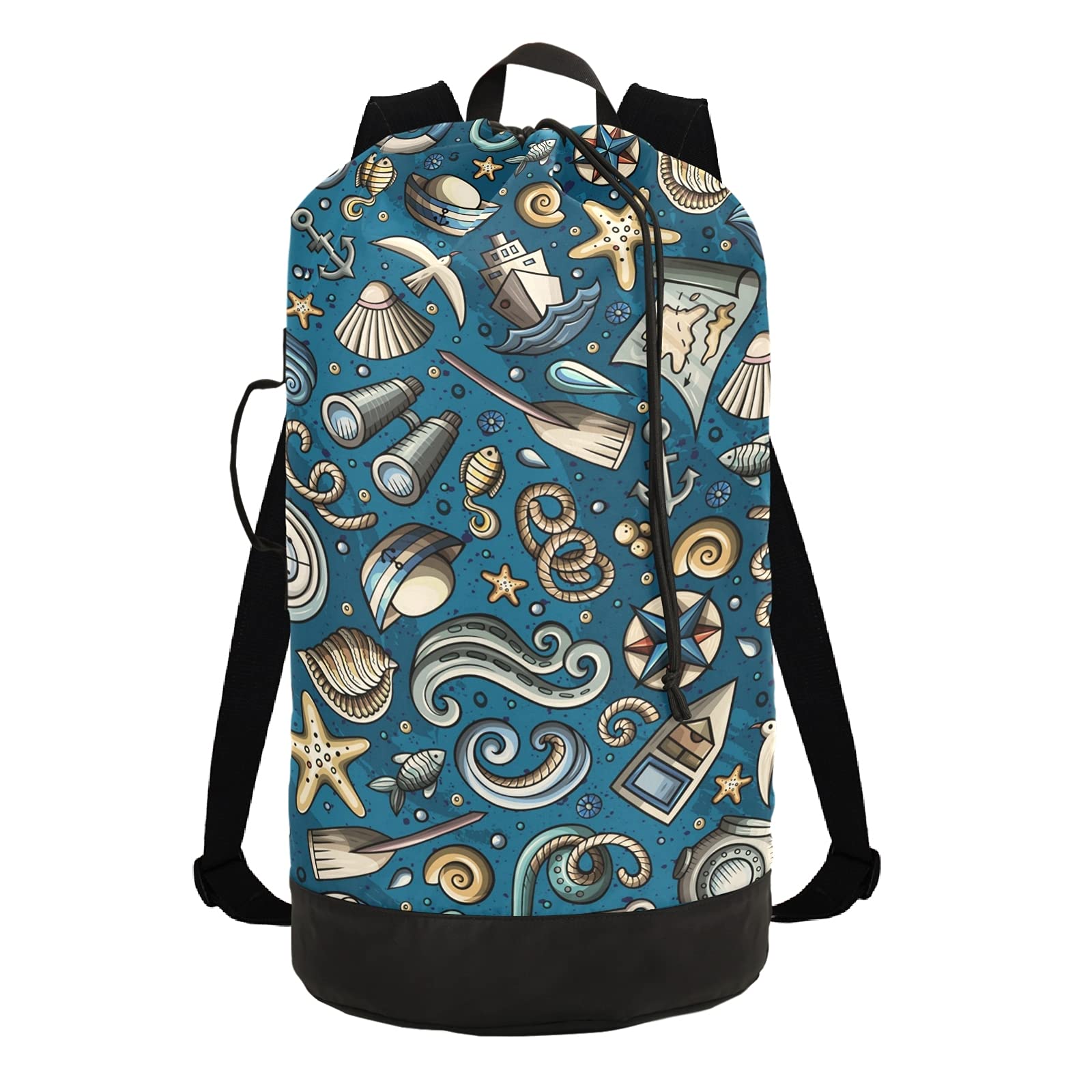 **Cartoon Nautical Laundry Backpack - Heavy Duty Foldable Travel Laundry Bag with Shoulder Straps for Laundromat, Dorm, Camping & Luggage Storage - Perfect for College Students & Travelers**