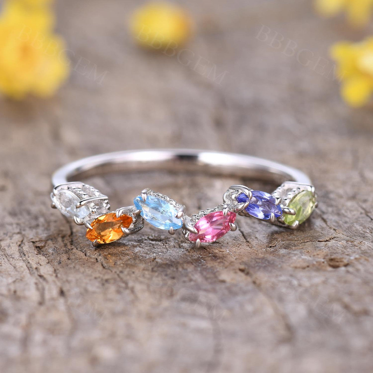 14K White Gold Rainbow Birthstone Stackable Ring - Multi Color Gemstone Band for Mom, Family, Gift | Perfect for Birthdays, Anniversaries, Mother's Day & Everyday Wear