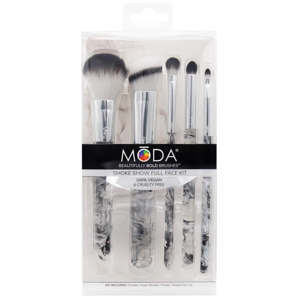 MODA Smoke Show 5-Piece Full Face Makeup Brush Set - Powder, Blender, Shader, Smoky Eye & Lip Brushes (Black) | Professional Cosmetic Brush Kit for Contouring, Blending & Makeup Application