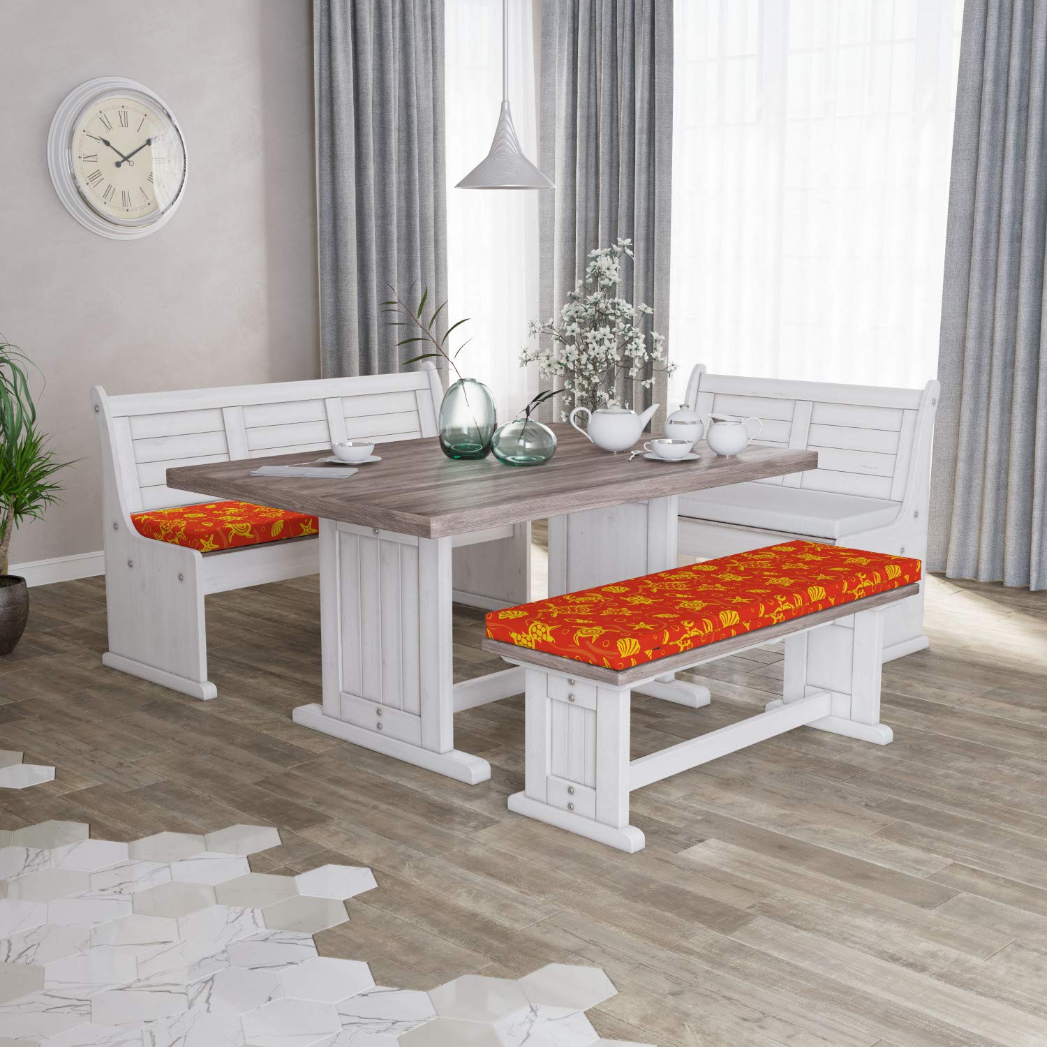Ambesonne 2-Piece Orange Bench Cushion Set - Tropical Swimming Turtles, Crabs, Seashells, Bubbles & Starfish Design - Standard Size 45
