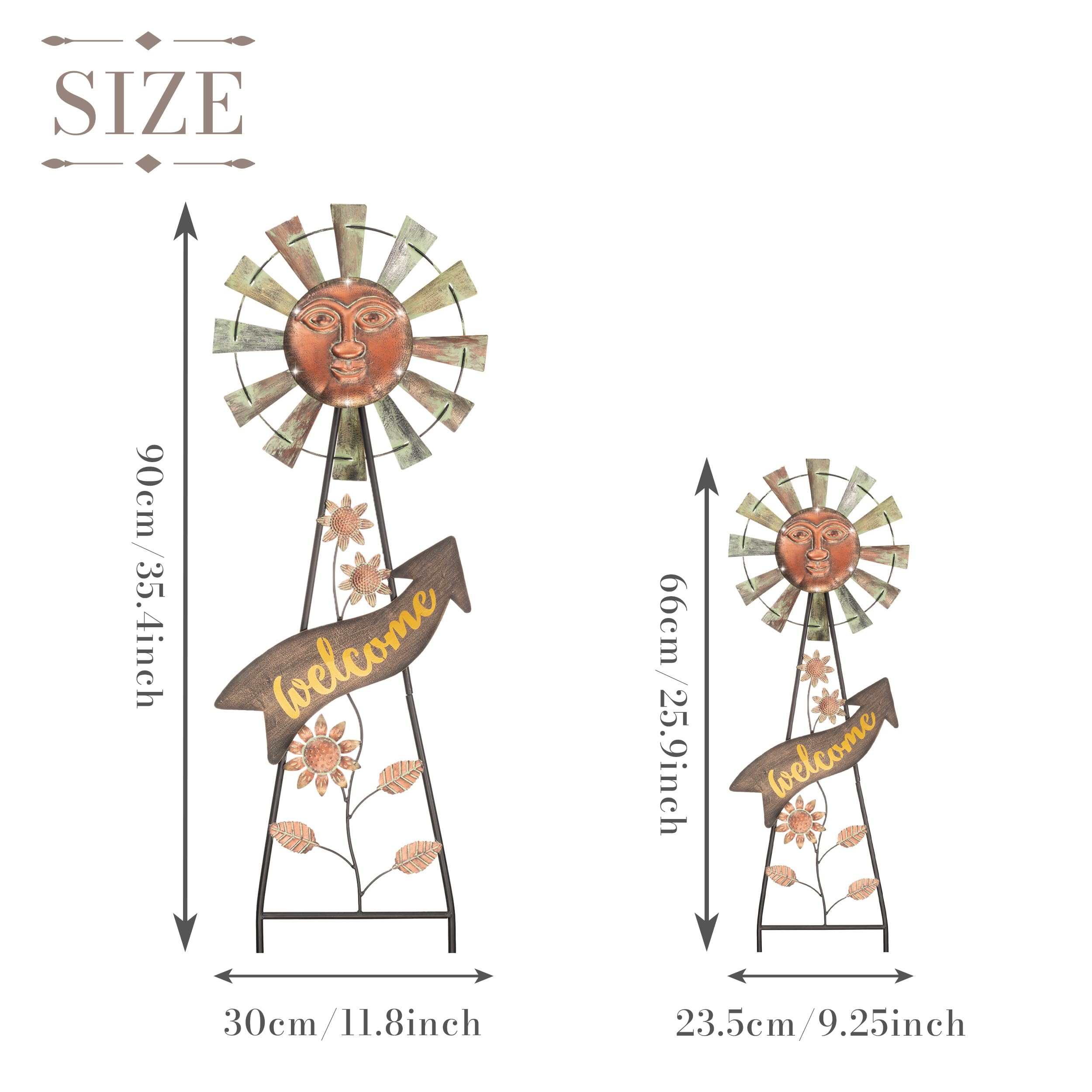 Solar-Powered Garden Decor - 26'' Bronze Metal Sun Face Wind Spinner with Outdoor Lights | Weather-Resistant Yard Art Stake for Lawn, Patio & Backyard | Unique Mother's Day Gift for Home & Garden Decoration