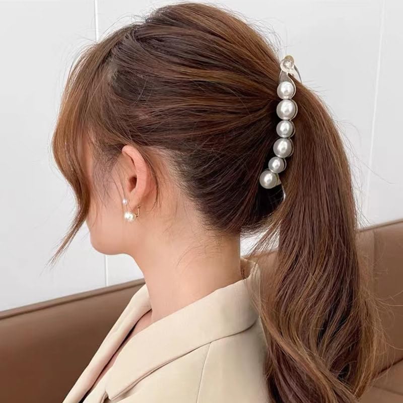Elegant Pearl Hair Clip with Rhinestones - Banana Clip Ponytail Holder for Women & Girls - Perfect for Weddings, Parties & Everyday Styling (White, Pack of 1)