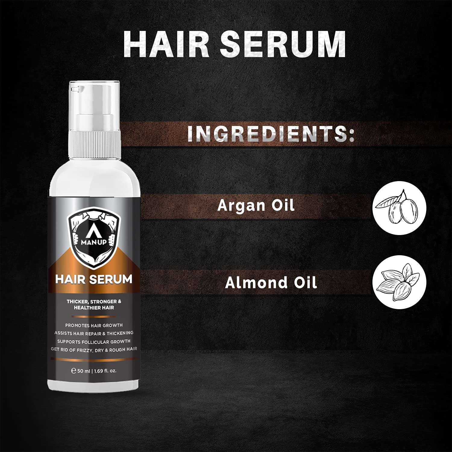Man-Up Hair Serum with Argan Oil for Thicker, Stronger & Healthier Hair - 50ml | Natural Hair Growth Treatment for Men | Perfect for Daily Use & Styling