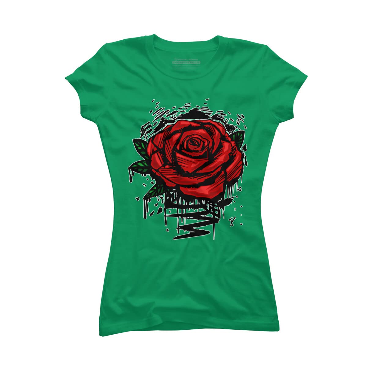Design By Humans Junior's Rugged Rose by Adamzworld T-Shirt | Vintage Floral Graphic Tee for Women | Casual Streetwear & Everyday Outfit
