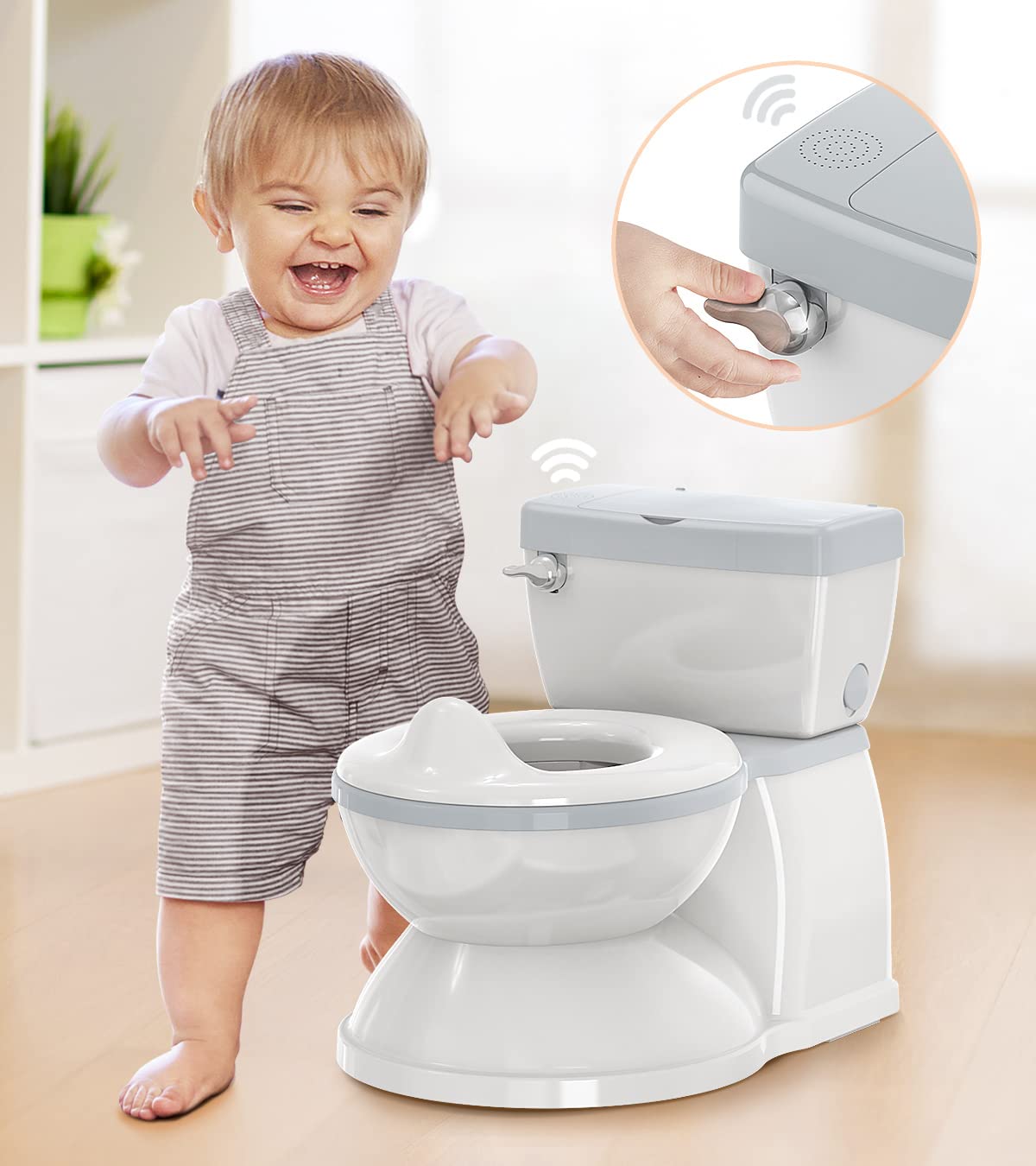 **Realistic Baby Potty Training Toilet with Flushing Sound & Adult-Like Feel – Removable Pot, Storage Tank & Toilet Paper Holder for Toddlers Aged 1-3 (White-Grey) – Perfect for Home & Travel Potty Training**
