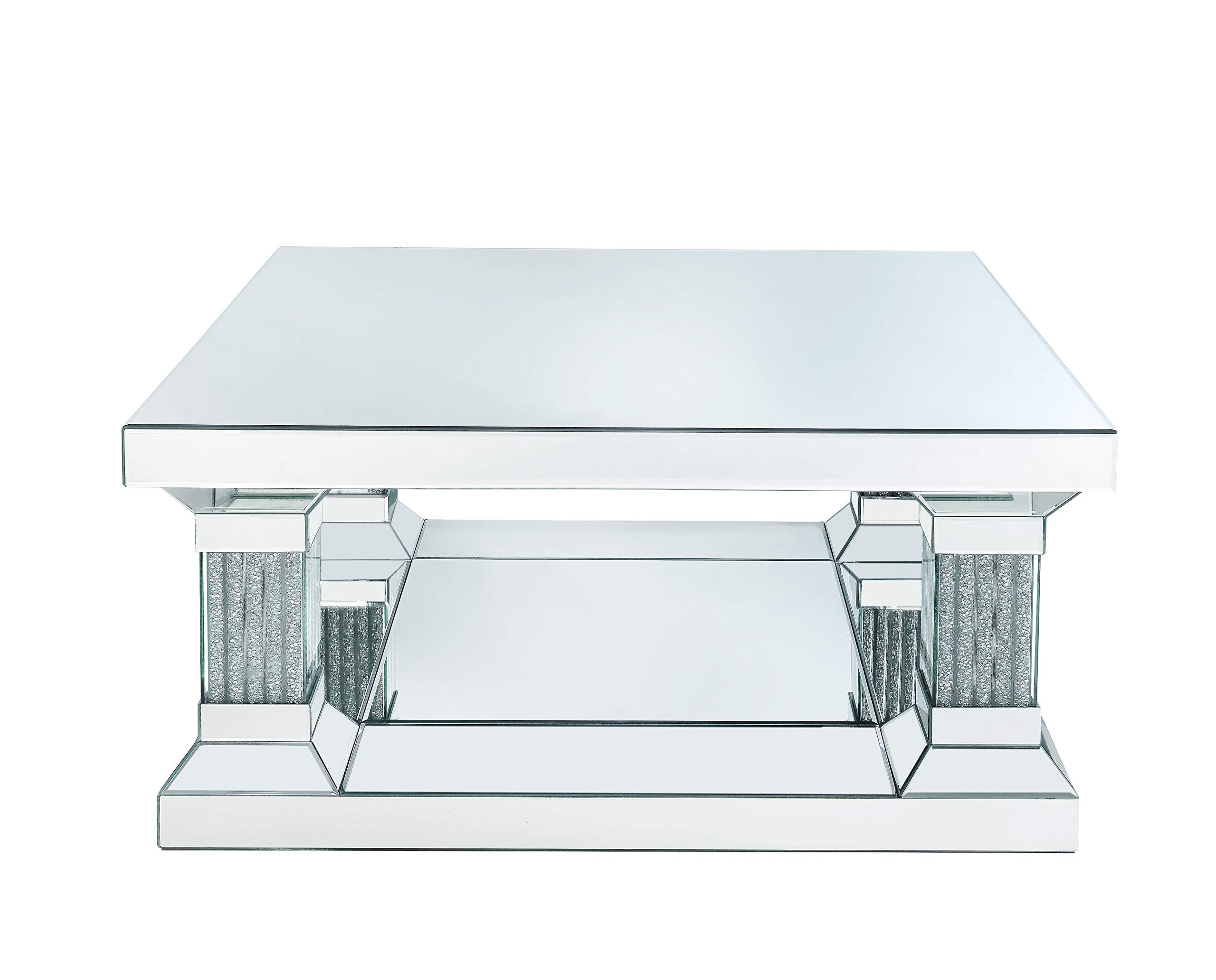 Benjara Sparkling Coffee Table with Faux Diamonds & Beveled Edge - Silver Finish Modern Living Room Furniture for Home Decor & Entertaining