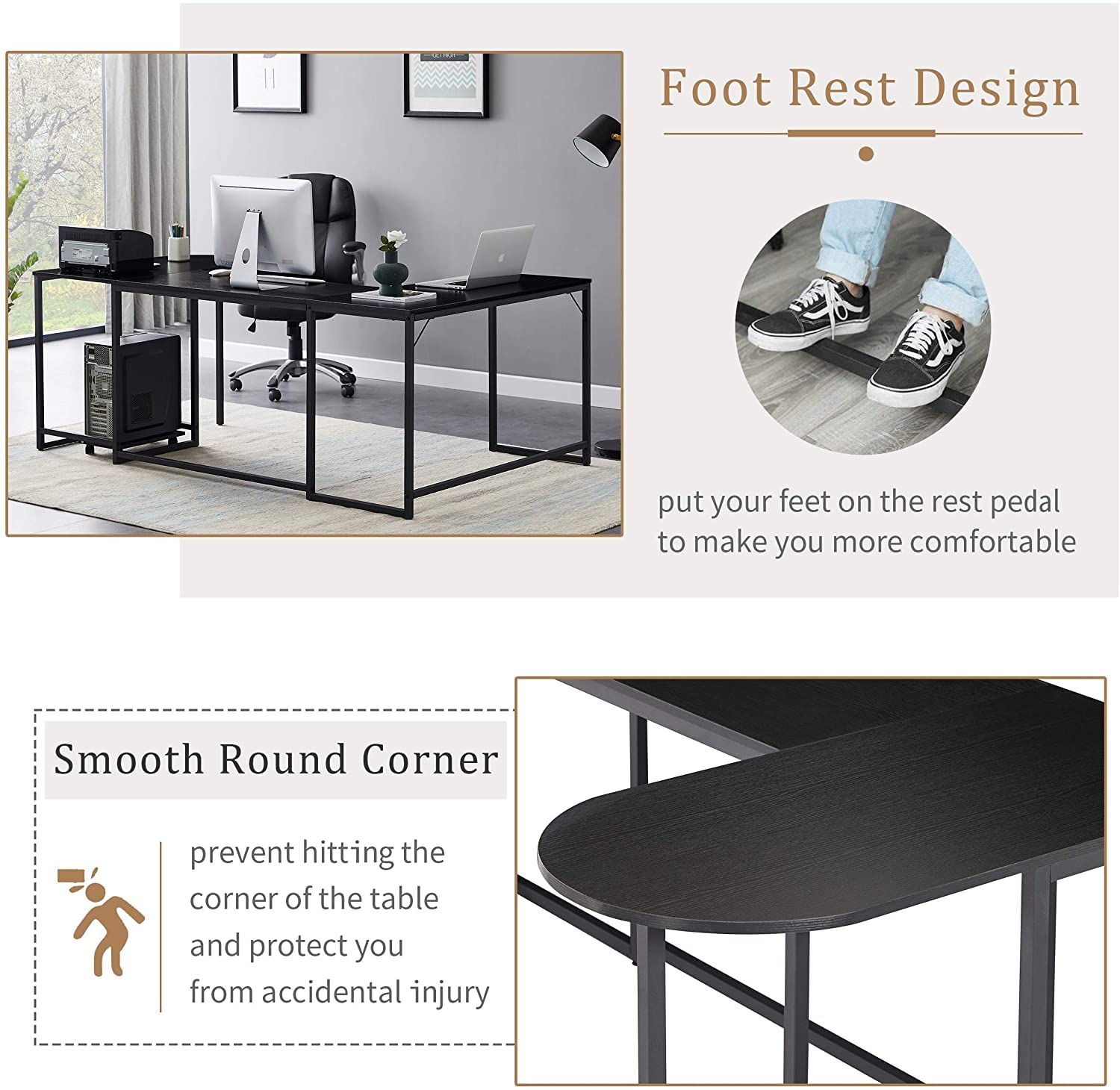 Ergonomic U-Shaped Computer Desk with CPU Stand - 78.7