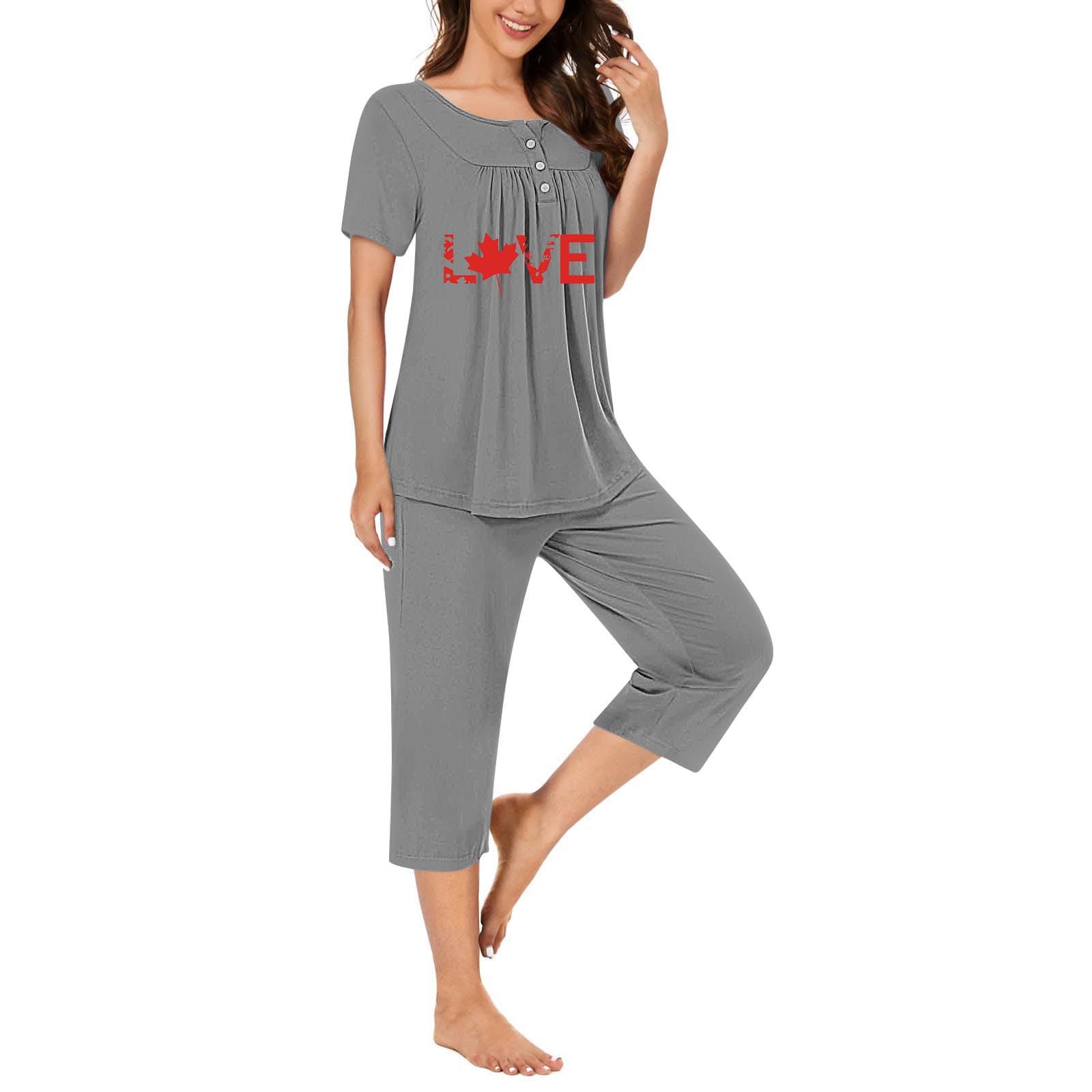 **Women's Fashion Pajama Set - Button Pleated Sleepwear Top with Capri Pants | Soft & Comfortable PJs for Lounge & Sleep | Prime Lightning Deals in Gray**    *(Ideal for Relaxing at Home, Lounging, or a Cozy Night's Sleep)*