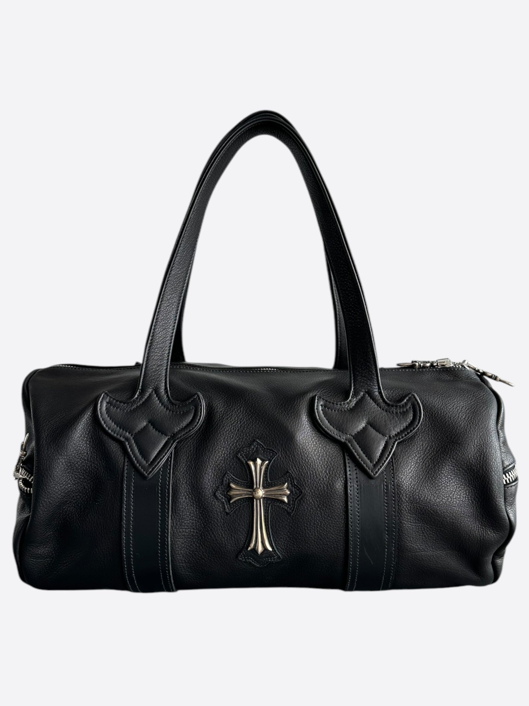 Chrome Hearts Black Leather Cross Patch Duffel Bag for Men & Women - Stylish Travel Gym Overnight Bag - Perfect for Workout, Weekend Getaway, and Business Travel