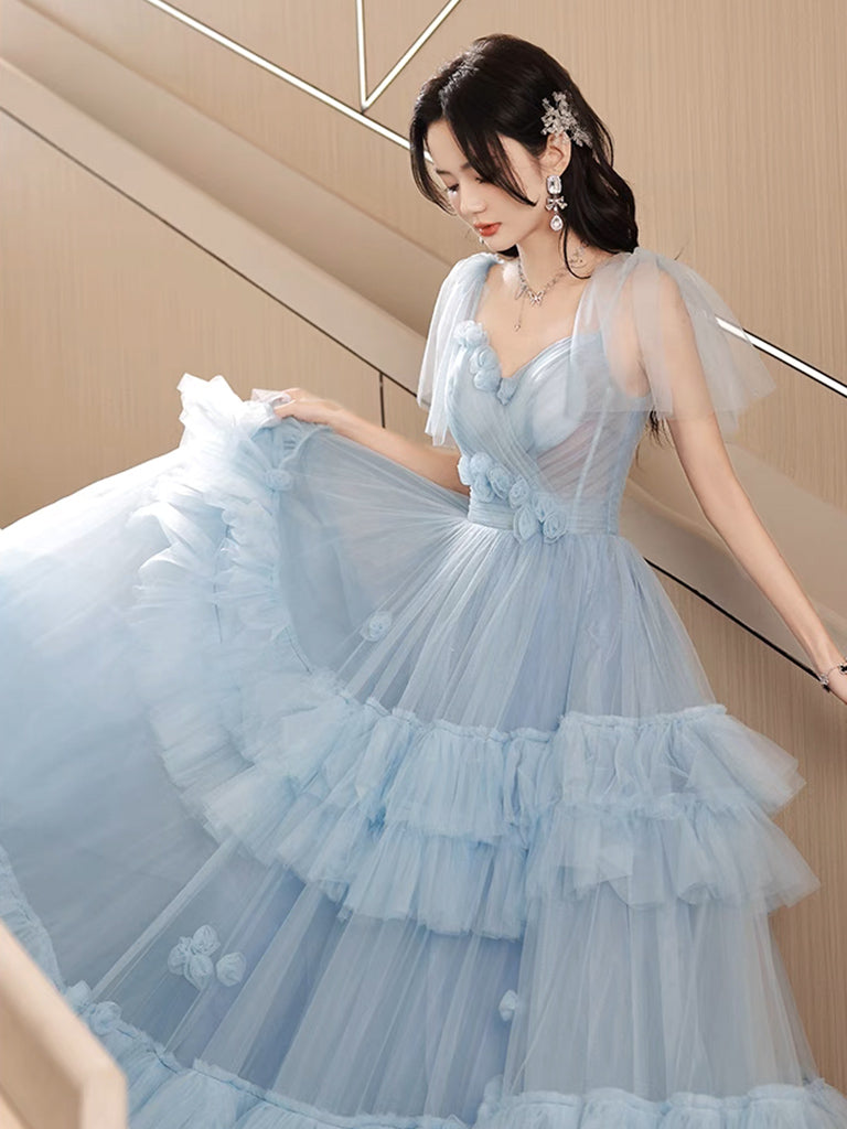Elegant A-Line Tulle Blue Long Prom Dress for Women - Formal Evening Gown with Flowy Skirt - Perfect for Homecoming, Prom Night, and Special Occasions