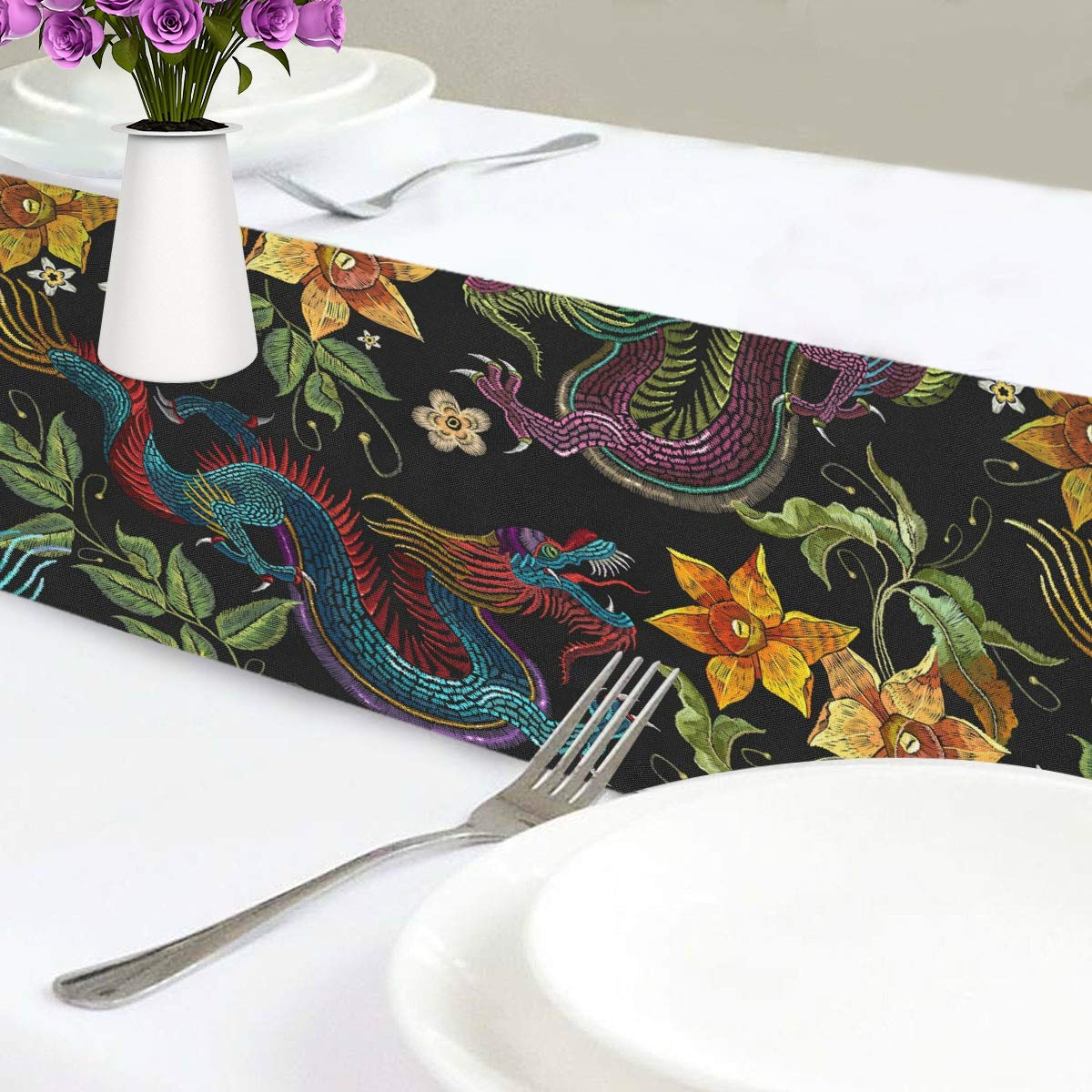 Golden Dragon Table Runner - Asian Floral Home Decor for Dining & Parties