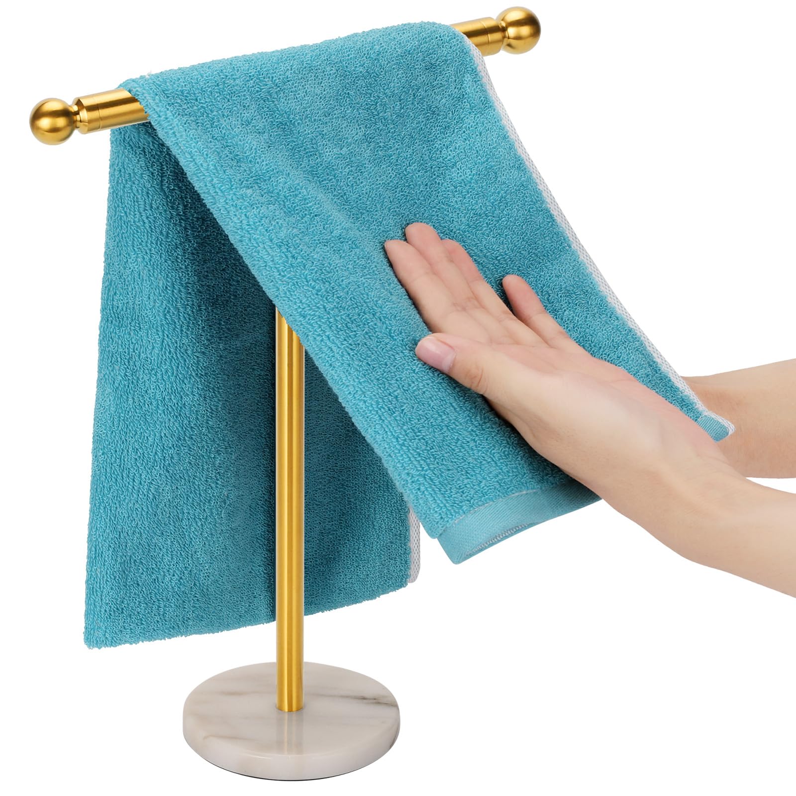 Premium Gold Towel Rack with Heavy Marble Base - Free Standing Stainless Steel Hand Towel Holder for Bathroom, Kitchen & Spa | T-Shape Brushed Gold Design | Modern Bathroom Organizer & Luxury Home Decor