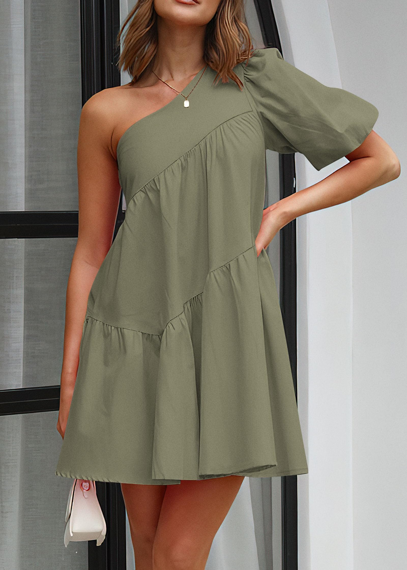 KIRUNDO Women's 2025 Summer One Shoulder Mini Babydoll Dress - Puff Sleeve, Loose Tiered A-Line Flowy Short Dress for Beach, Party & Casual Wear
