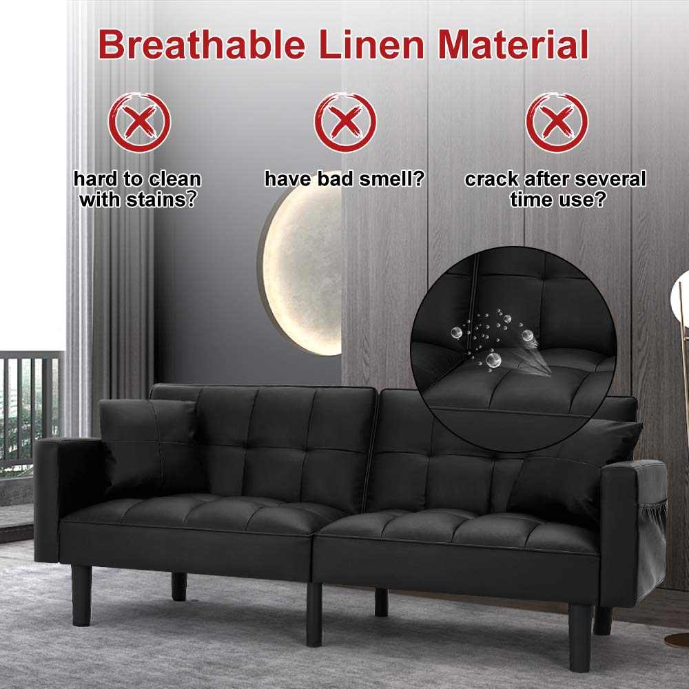 Modern Leather Convertible Futon Sofa Bed - Adjustable Back Recliner with Armrests - Folding Couch for Small Spaces - Black - Perfect for Living Rooms, Apartments & Guest Rooms