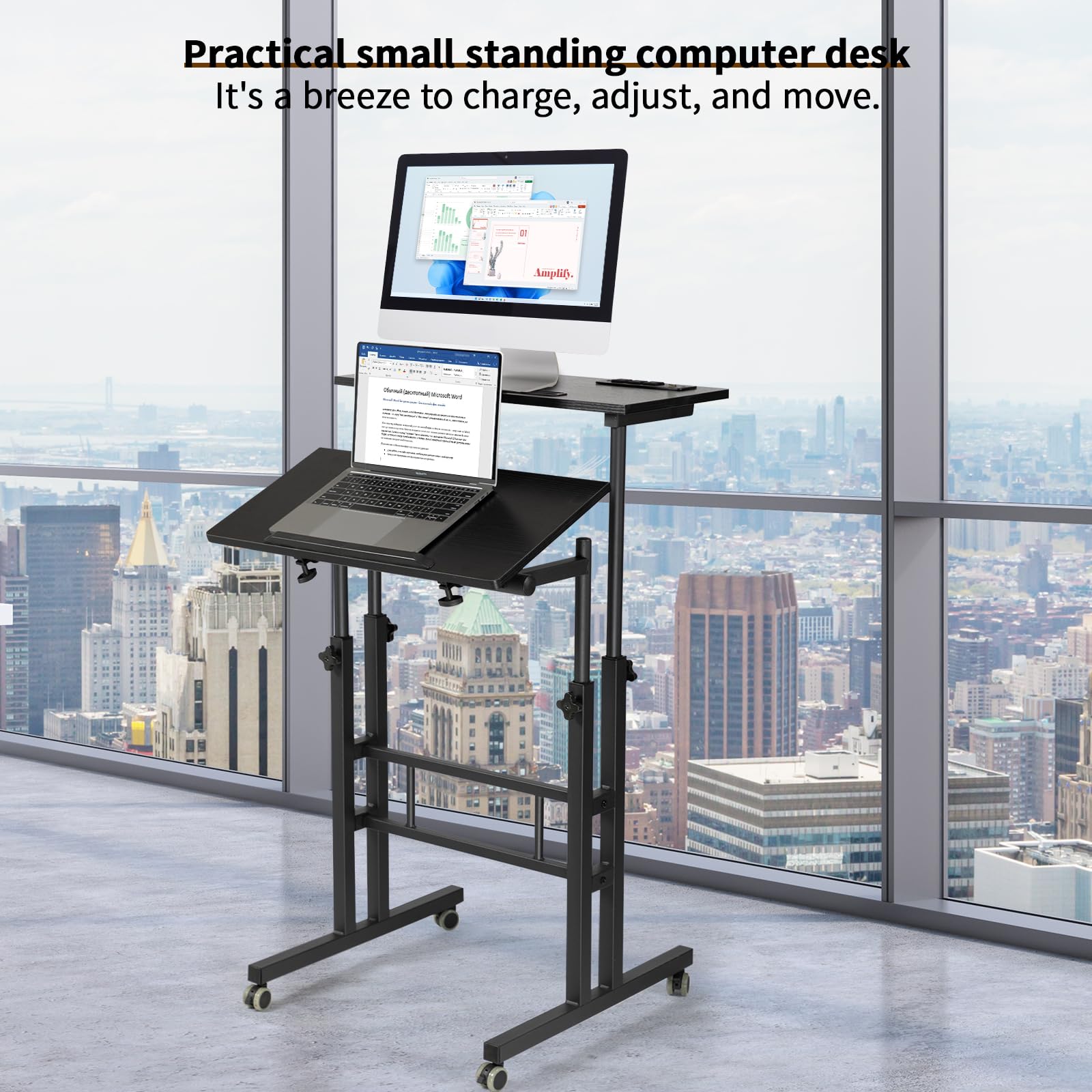 Hadulcet Adjustable Mobile Standing Desk with USB Charging Station - Rolling Laptop Cart with Wheels for Home Office, Classroom & Workspace - Ergonomic Height Adjustable Computer Desk (Black) - Perfect for Remote Work, Online Classes & Small Spaces