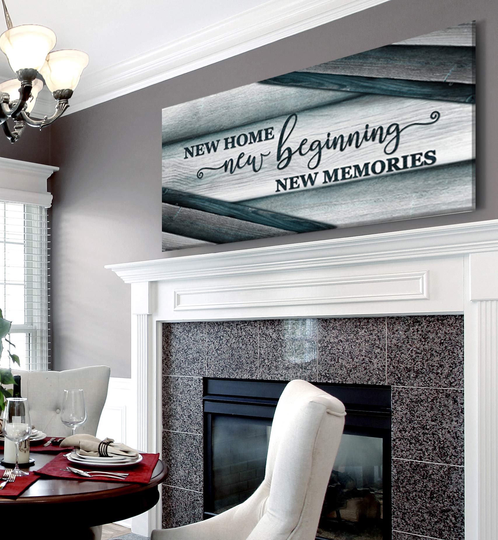Wooden Framed Canvas Wall Art - Sense of Art New Home New Beginnings V15 - Housewarming Gift for Living Room, Religious & Rustic Home Decor (Teal, 60x27 Inches) - Perfect for Farmhouse, Apartment & Wedding Gifts