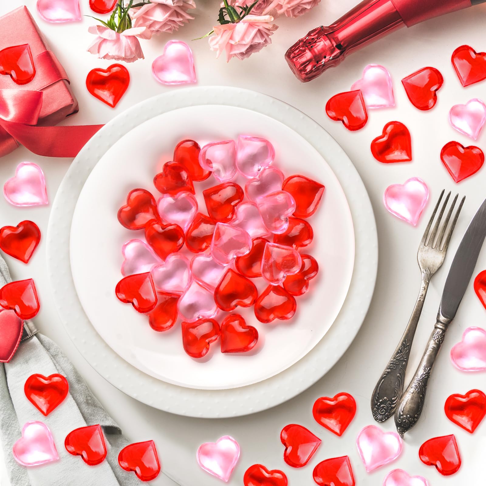100 Pcs Red & Pink Valentine's Day Acrylic Heart Ornaments - Vase Filler, Table Scatter for Weddings, Anniversaries, Home & Party Decor | Romantic Decoration for Valentine's Gifts, Centerpieces & DIY Crafts