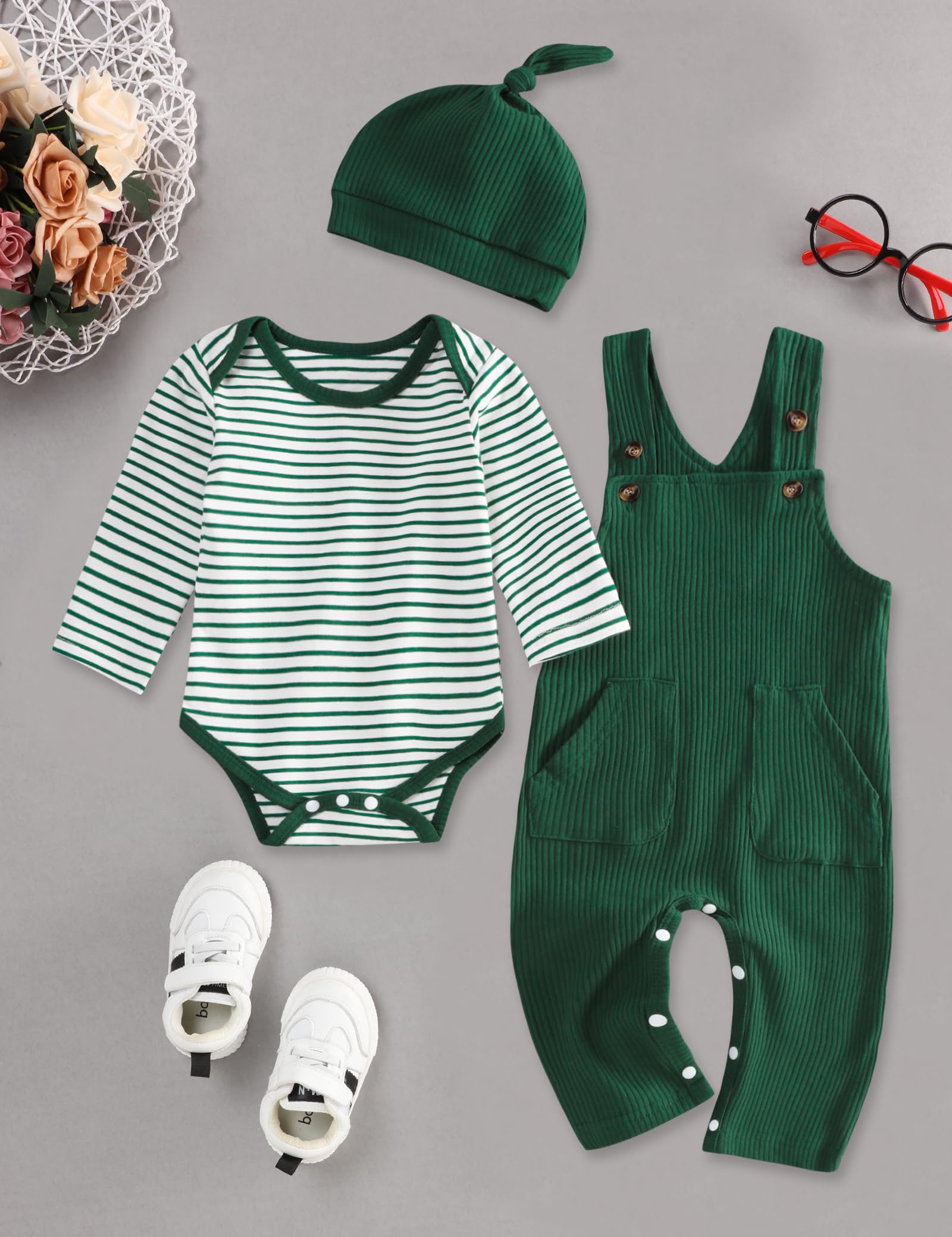 Adorable 0-18 Months Baby Boy Outfits - Striped Romper Top & Overalls Set with Matching Hat | Soft Cotton Newborn Clothes for Playtime, Photos & Everyday Wear