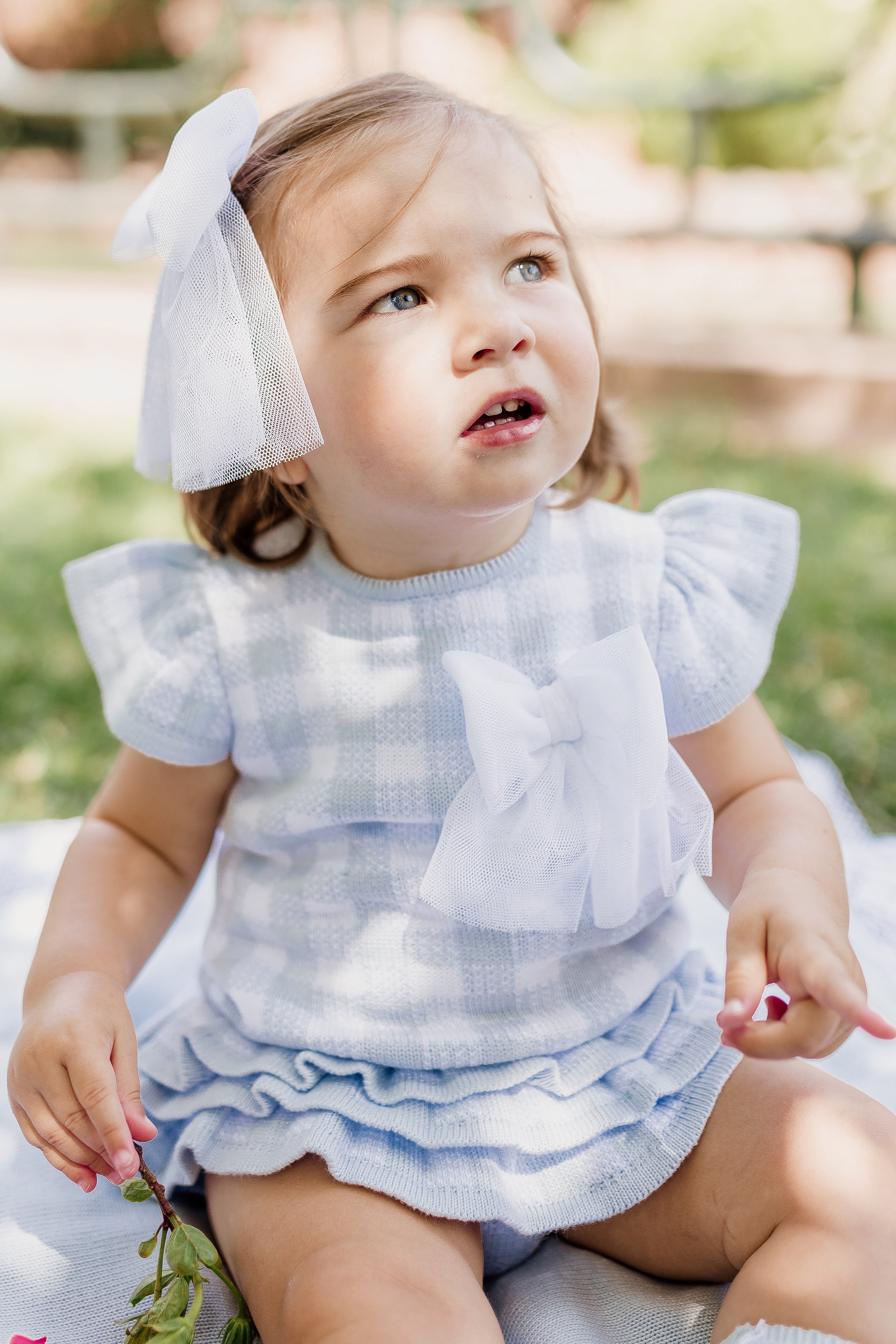 Bella Baby Blue Gingham Knit Top & Bloomers Set - Soft Cotton Outfit for Newborns & Infants - Perfect for Photo Shoots, Family Gatherings & Special Occasions