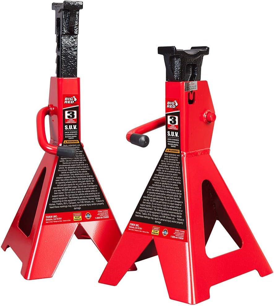 BIG RED Torin 3 Ton Heavy Duty Steel Jack Stands - Pair (2 Pack) for Cars, Trucks, SUVs & Trailers - Red Safety Stands for Vehicle Maintenance & Repair