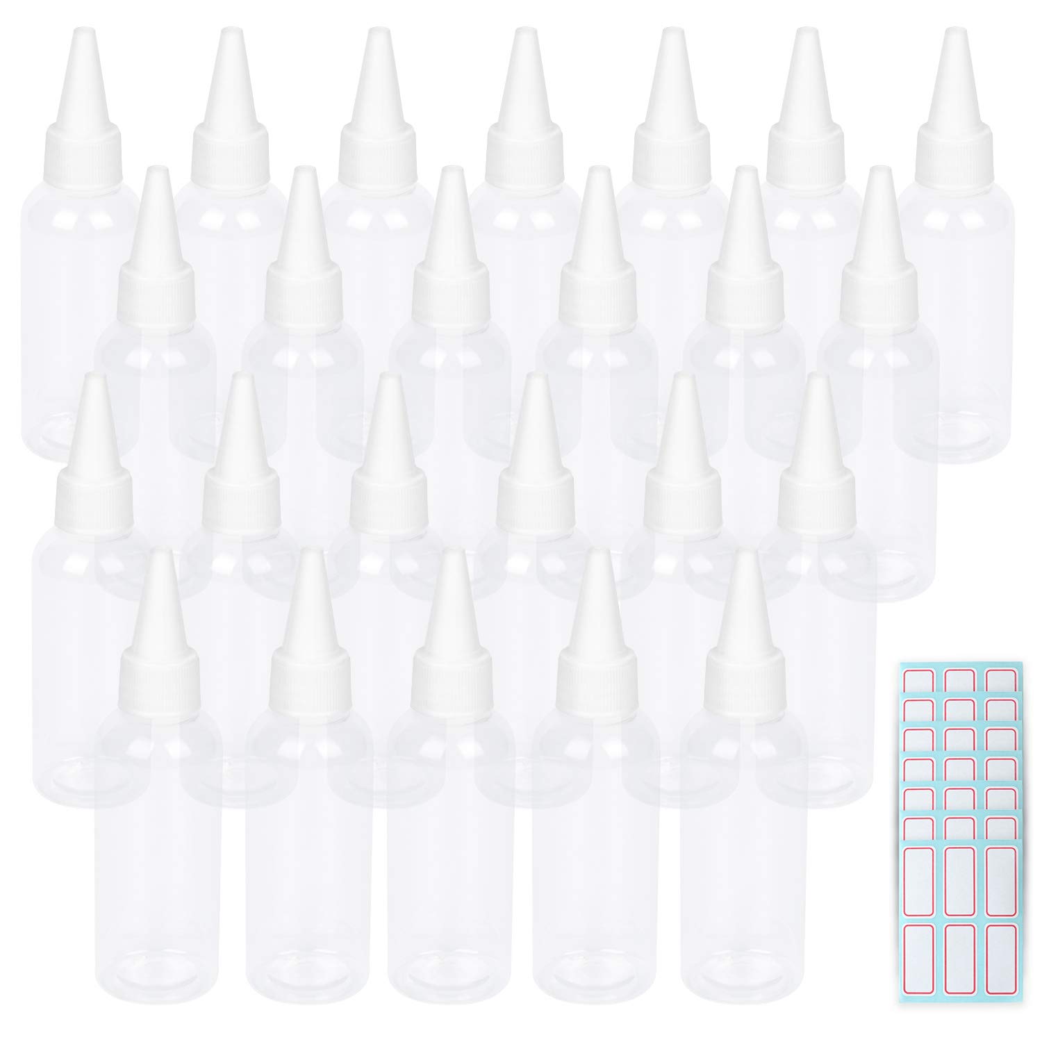 Trendbox 2oz Clear Plastic Bottles with Twist Top Cap - BPA-Free Hair Oil & Liquid Containers - 24 Pack with Labels - Perfect for DIY Hair Care, Essential Oils & Travel Toiletries