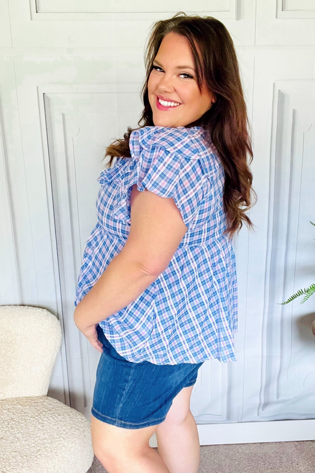 Stylish Blue Plaid V-Neck Ruffle Elastic Babydoll Top for Women - Perfect for Casual Outings, Dates & Summer Fashion