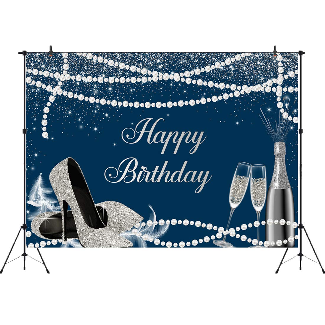 7x5ft Navy Blue & Silver Happy Birthday Backdrop with High Heels, Champagne Glasses & Glitter Dots - Sweet 16 Photography Background for Girls & Women - Party Banner Decoration for Cake Table, Photo Booth & Studio - Perfect for Birthday Parties, Baby Showers & Special Events
