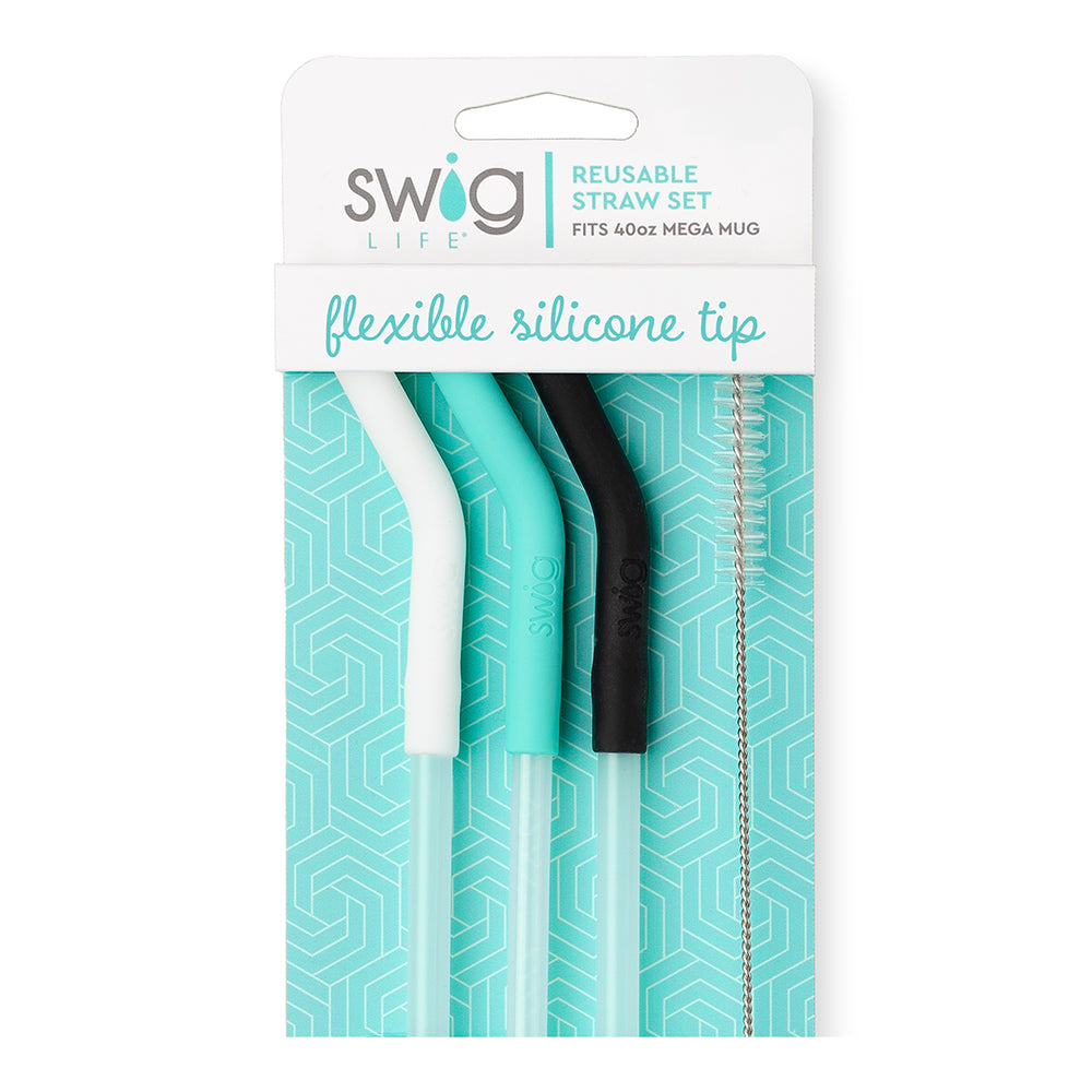 Eco-Friendly Reusable Straw Set - White/Aqua/Black Mega Mugs for Smoothies, Iced Coffee & Cocktails | BPA-Free Silicone Drinking Straws for Home, Office & Travel