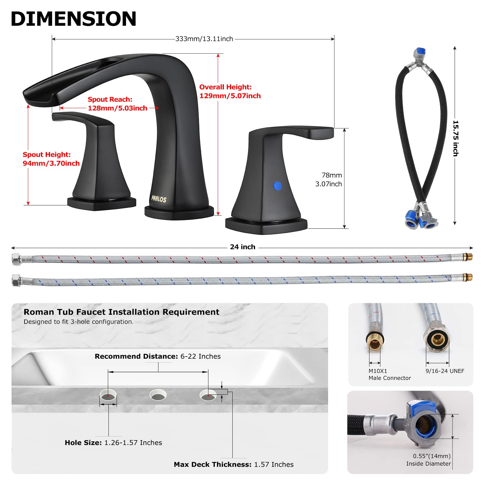 PARLOS 2-Handle Widespread Waterfall Roman Bathtub Faucet with Valve - Matte Black Tub Filler (Model 1434204) for Luxury Bathroom & Spa Renovation