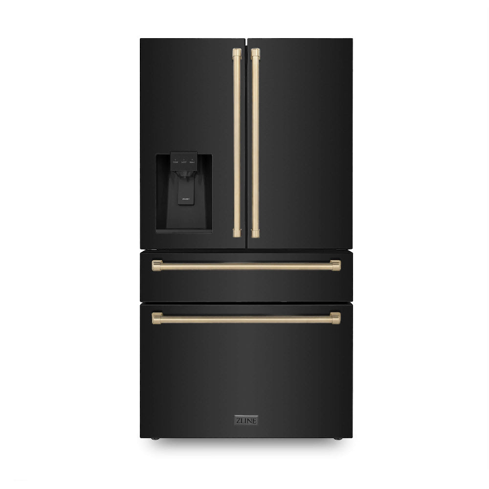 ZLINE Autograph Edition 36-Inch Counter Depth French Door Refrigerator - 21.6 cu.ft Capacity, Fingerprint Resistant Black Stainless Steel with Champagne Bronze Handles, Built-in Water & Ice Dispenser (RFMZ W 36 BS CB) - Perfect for Modern Kitchens, Open-Concept Homes & Entertaining Guests