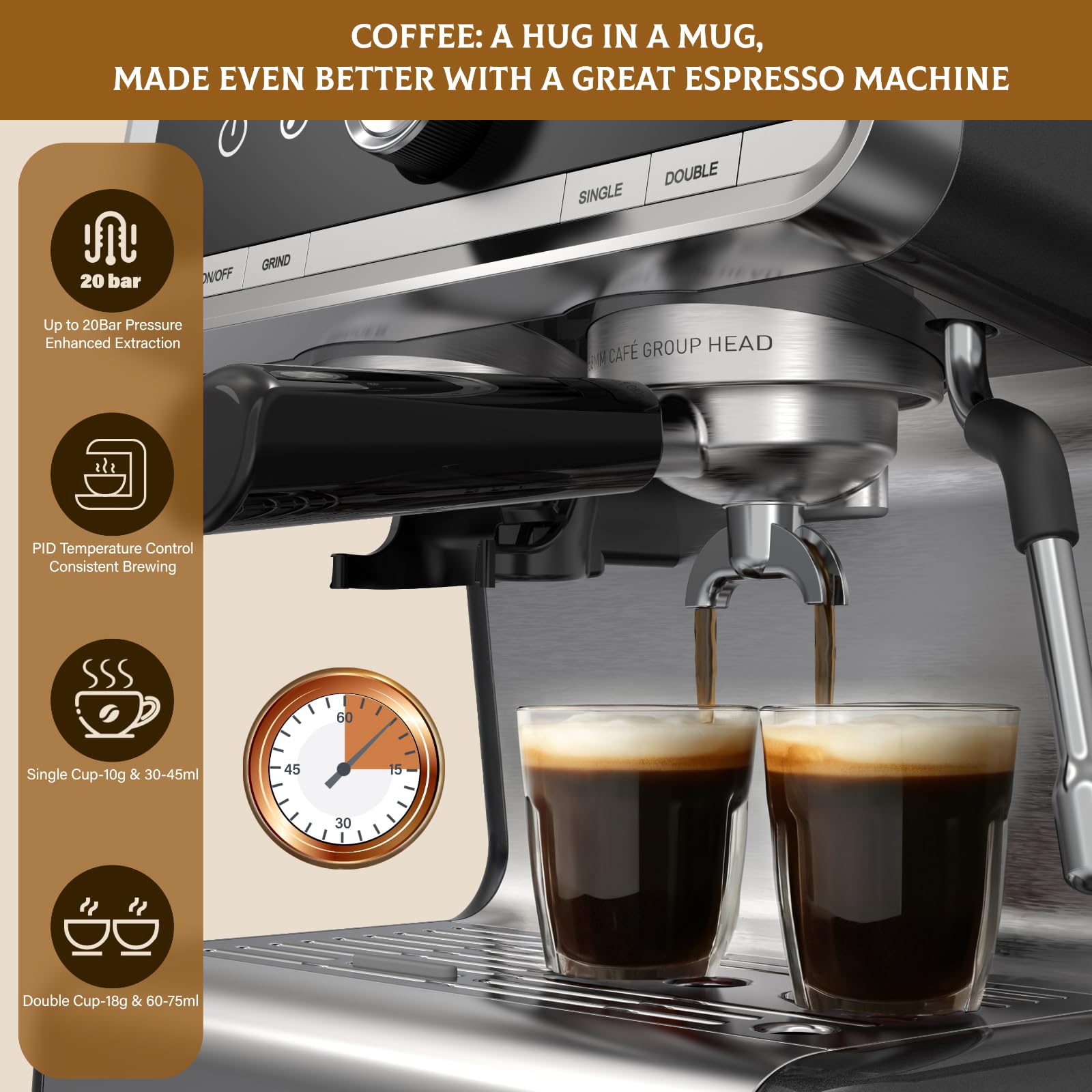 20 Bar Espresso Machine with Built-in Grinder & Steam Wand - All-in-One Home Coffee Maker for Latte, Cappuccino & Espresso - Perfect for Kitchen Countertop & Small Spaces (Dark Gray)
