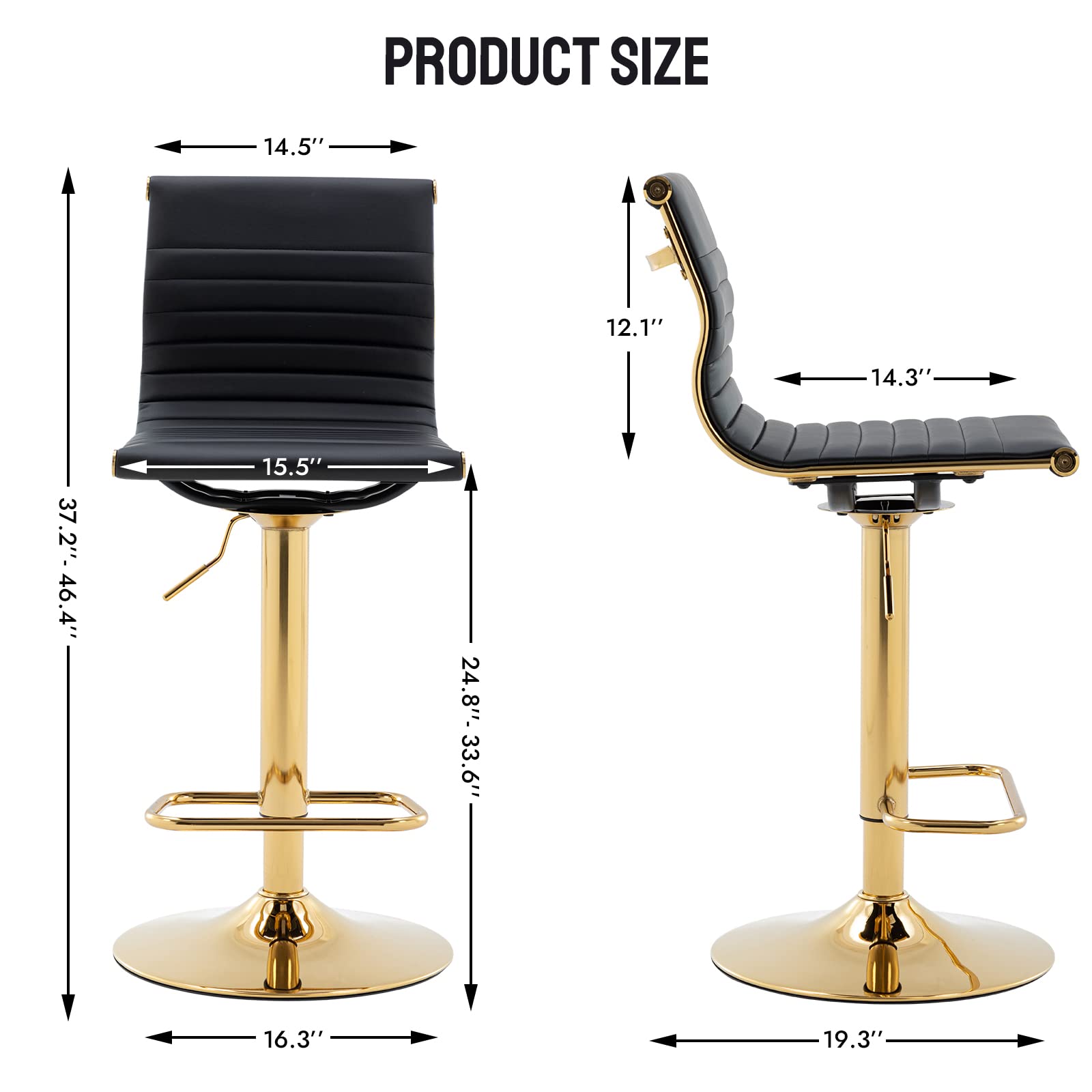 2 Pack Adjustable Metal Bar Stools - Modern Black PU Leather Counter Height Stools with Golden Base for Kitchen Island, Bar & Dining Room | Perfect for Home, Restaurant & Cafe Use