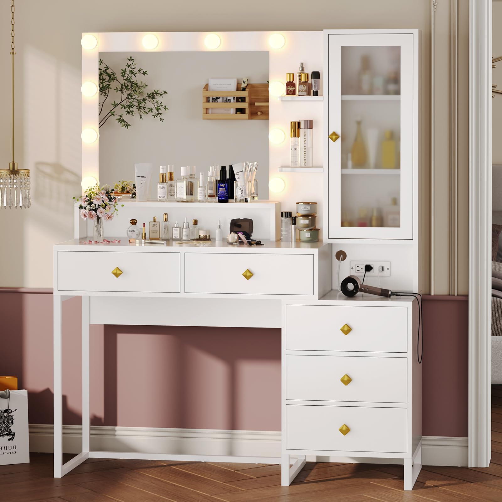 White Vanity Desk with Mirror, Lights & Charging Station - Perfect for Makeup & Dressing Room
