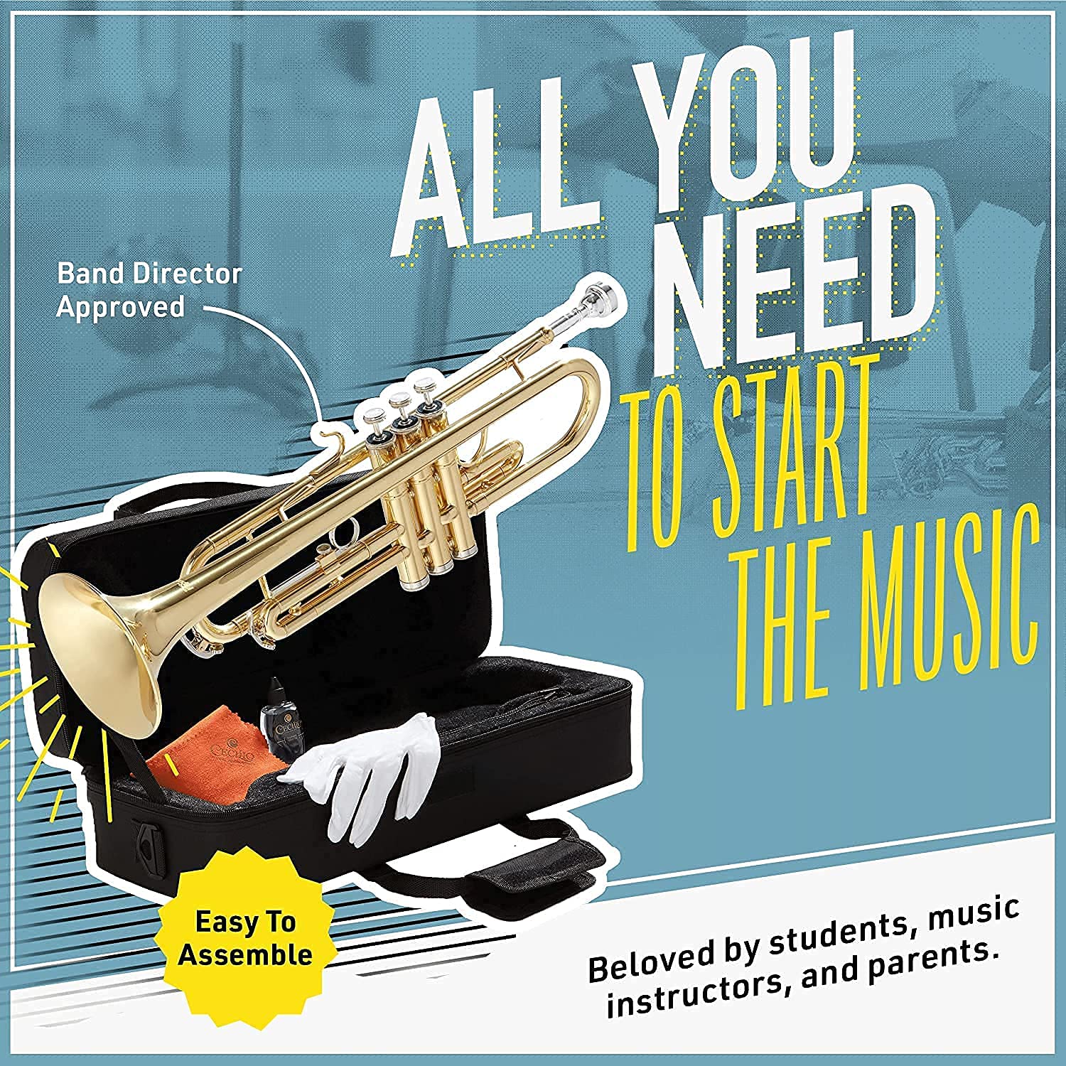 Mendini by Cecilio Bb Trumpet - Professional & Beginner Brass Instrument with Case, Cleaning Cloth, Oil & Gloves - Perfect for Students, Kids & Adults - Ideal for School Bands, Practice & Performances