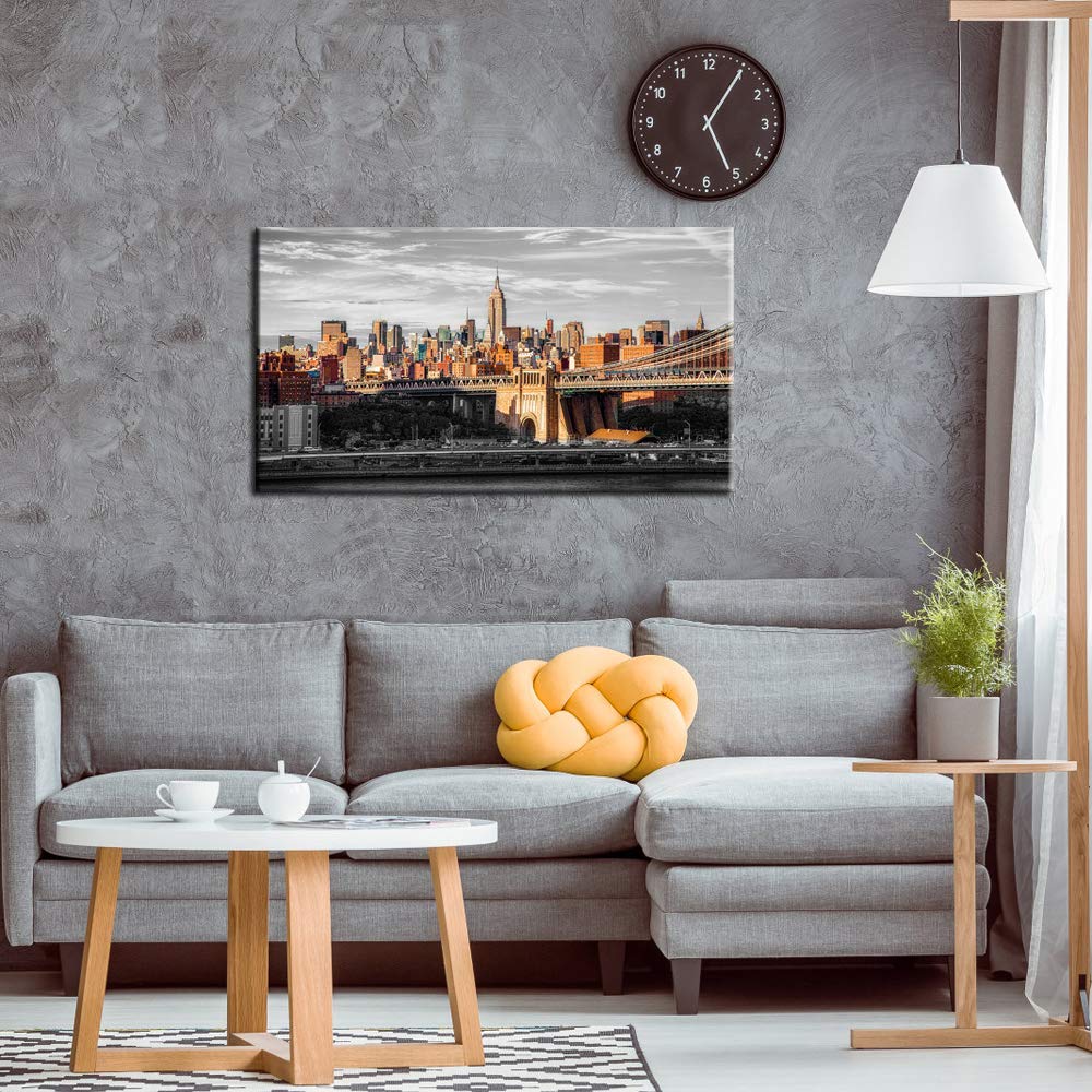 Modern NYC Canvas Art - Brooklyn Bridge Sunrise Painting for Home Decor | 20x36 Inch Wall Art