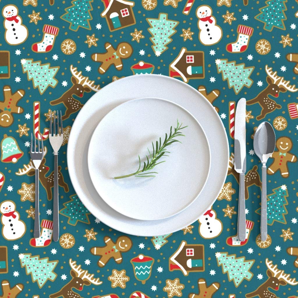 Premium Cotton Sateen Tablecloth 70x108 Inches - Christmas Gingerbread Cookies Dark Teal Design with House, Tree & Snowman | Holiday Dining Decor, Winter Party Table Setting, Festive Home Decoration